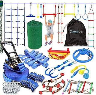 Ninja Slack Line Obstacle Course 50ft Slackline with 18 Jungle Gym Tree Climbing Attachments Outdoor Play Equipment Set, Rope Ladder & Accessories, Assorted Color