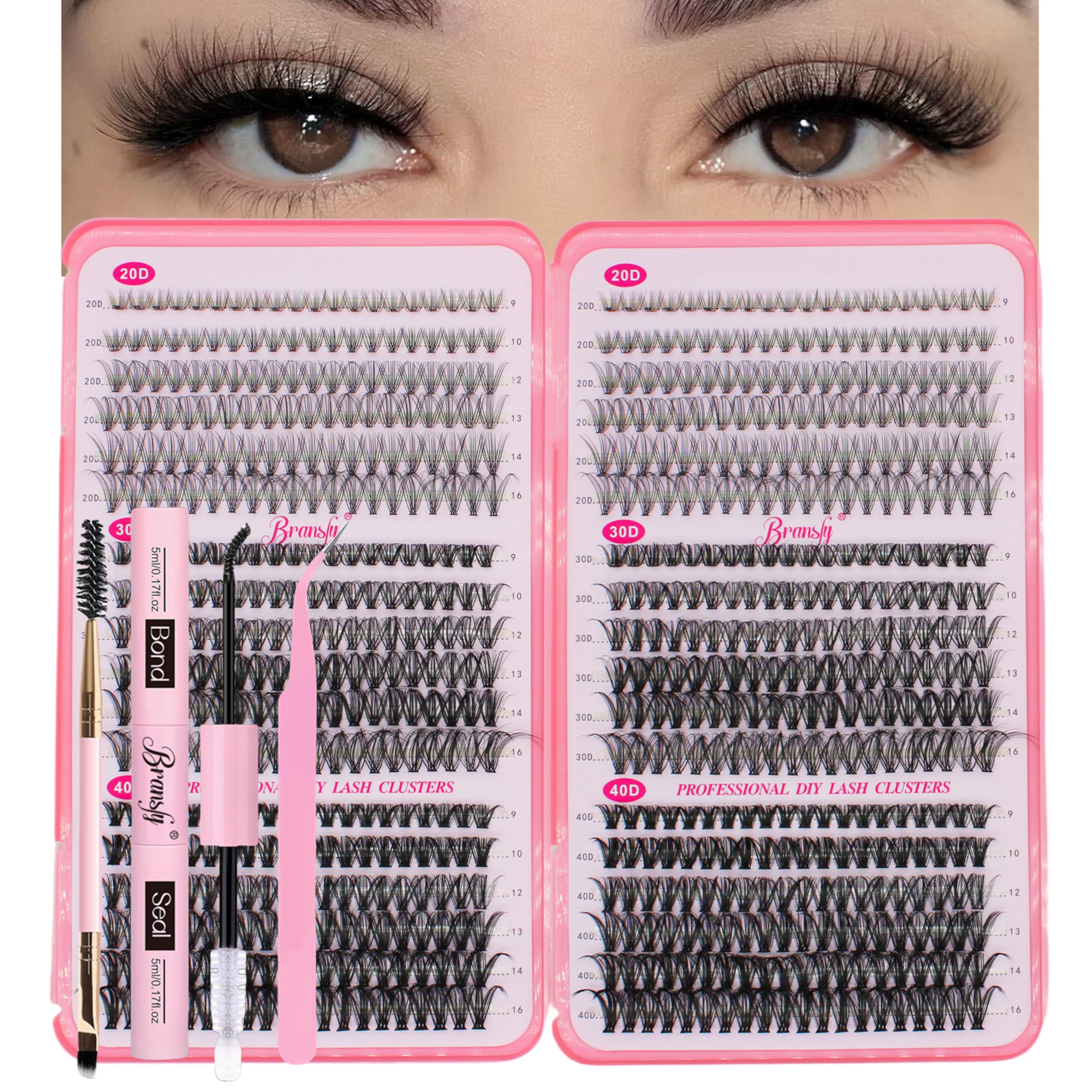 Bransfy 3 Styles 720pcs Lash Clusters Kit DIY Lash Extension Kit D Curl Eyelash Extensions 9-16MM Cluster Lashes with Waterproof Lash Bond and Seal Tweezers (20D+30D+40D,Kit)