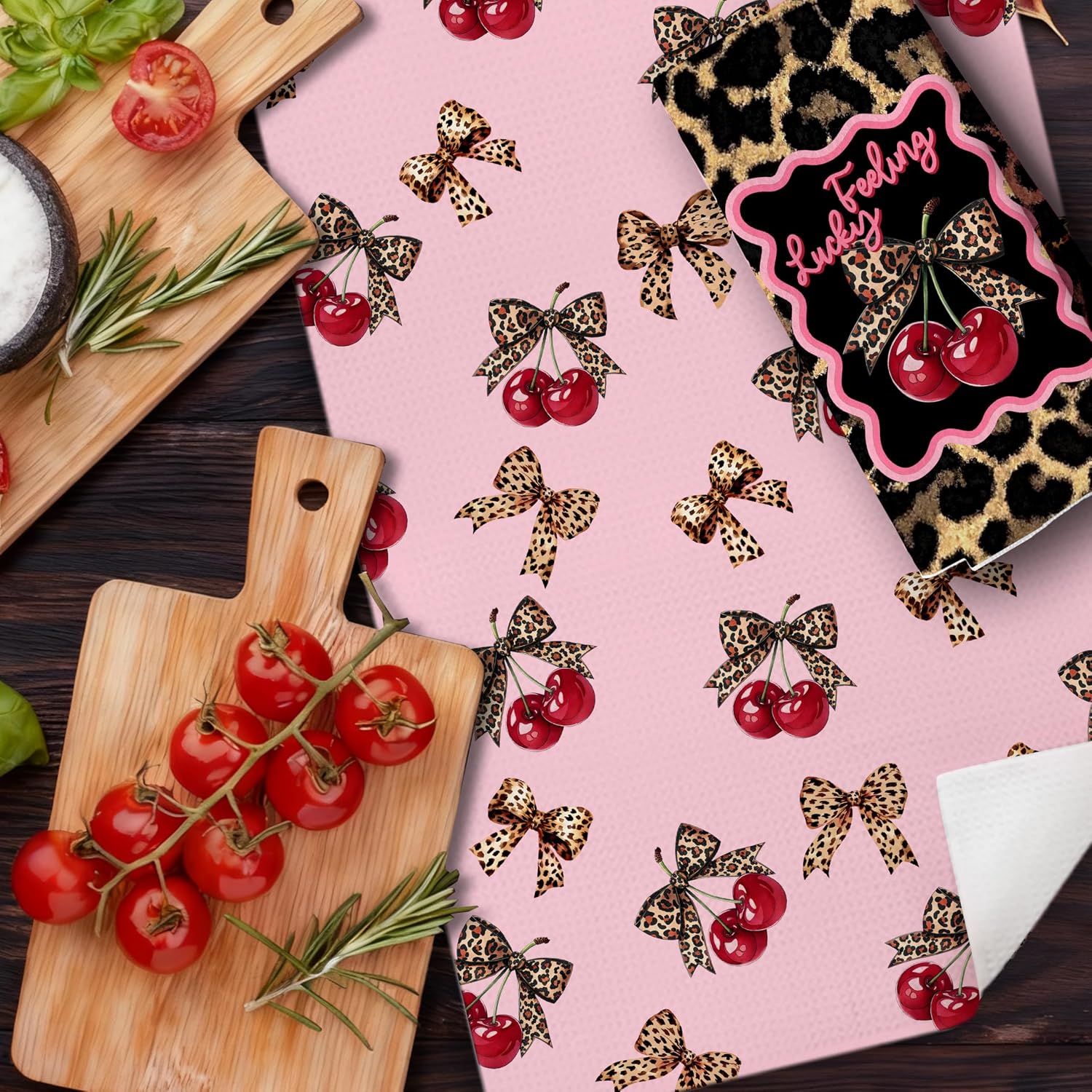 Trendy Cherry Bow Leopard Bathroom Hand Towels, Cherry Bathroom Decor, Coquette Preppy Y2k Cheetah Print Decorative Hand Tea Towels for Bath Room Washroom Restroom, 16x24 Inches Set of 2