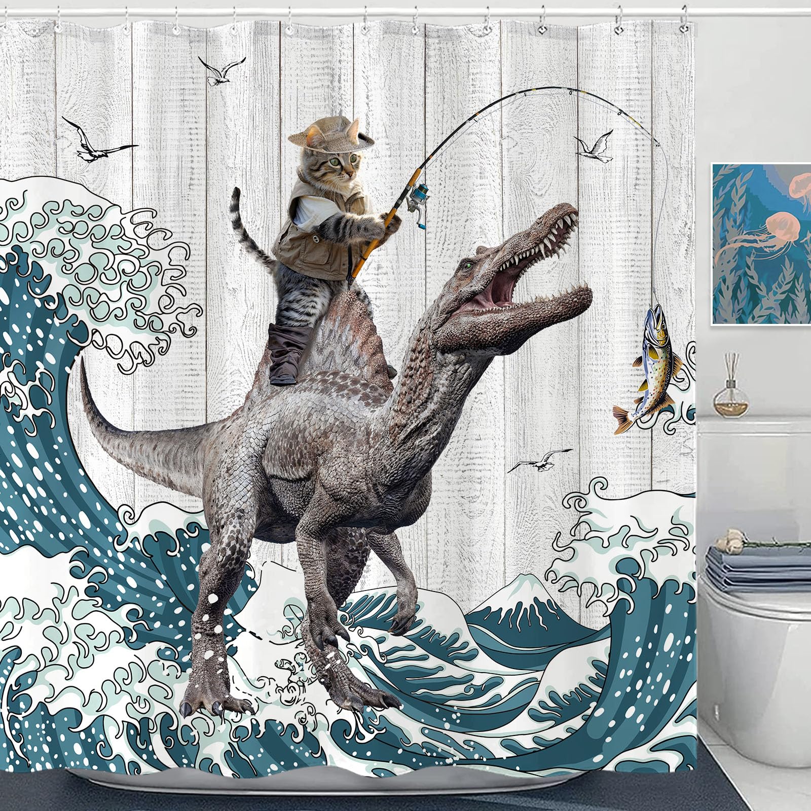 Accnicc Funny Cat Dinosaur Shower Curtain Fun Cool Animal Japanese Ocean Wave Shower Curtains for Bathroom Kids Unique Waterproof Fabric Rustic Wooden