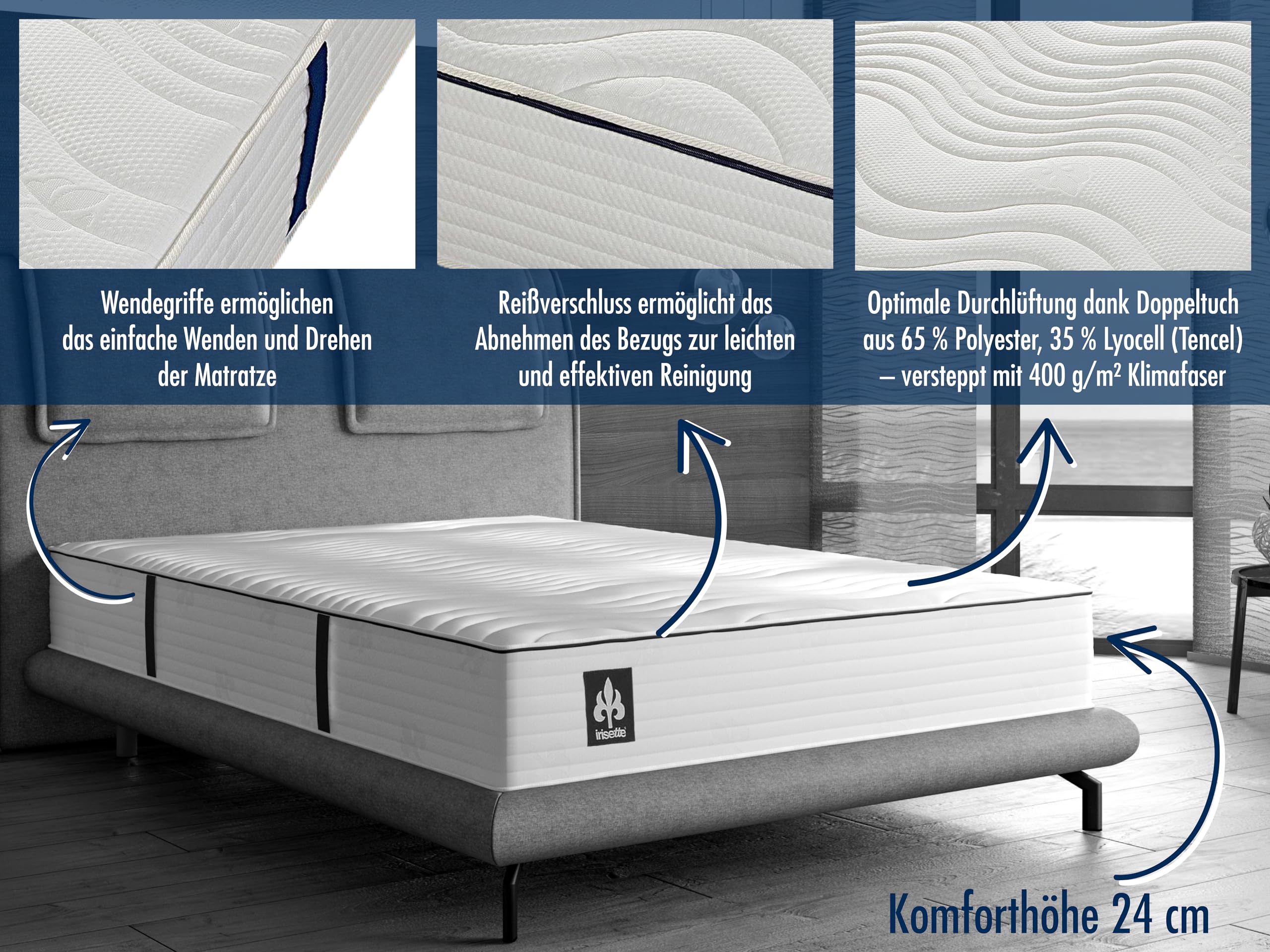 Irisette Rügen 1.000er Tonnentaschenfederkernmatratze, Wendematratze mit 7-Zonen, Härtegrad 4, 140 x 200 cm, Öko-Tex zertifiziert, produziert nach deutschem Qualitätsstandard