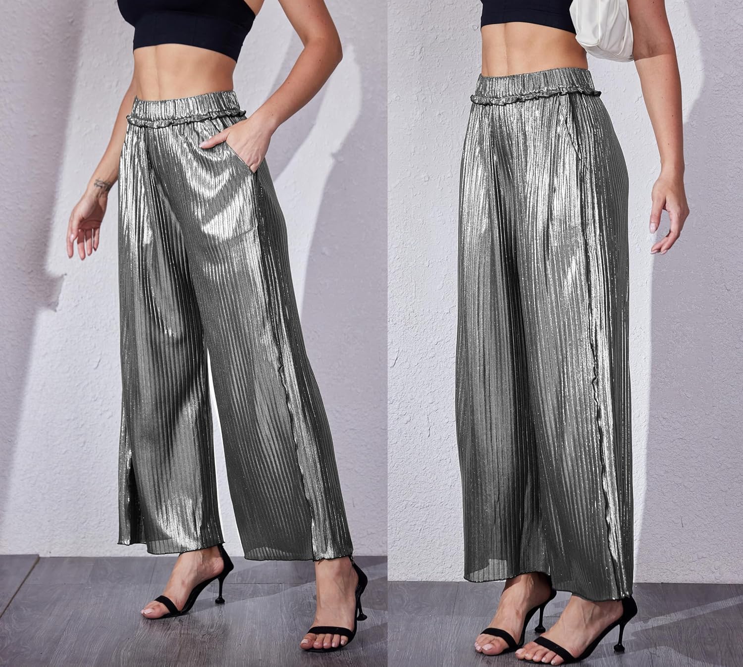 heipeiwa Women's Metallic Wide Leg Palazzo Pants Rib Pleated Raw Hem Party Club Sequin Slacks Pant - Image 5
