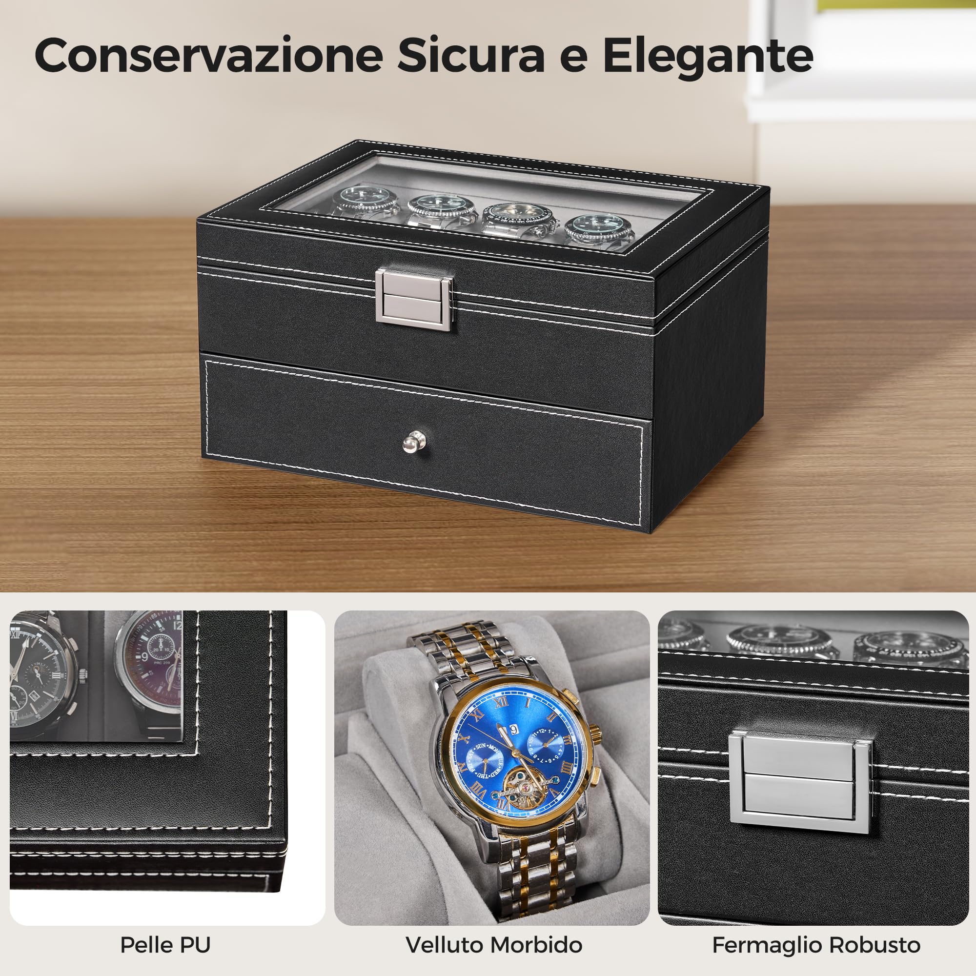 BEWISHOME Scatola per Orologi con 20 Scomparti, Porta Orologi Uomo 2 Livelli Scatola Portaorologi, Rimovibili, Pelle PU Fodera In Velluto, Idea Regalo, Nero ESSH04B