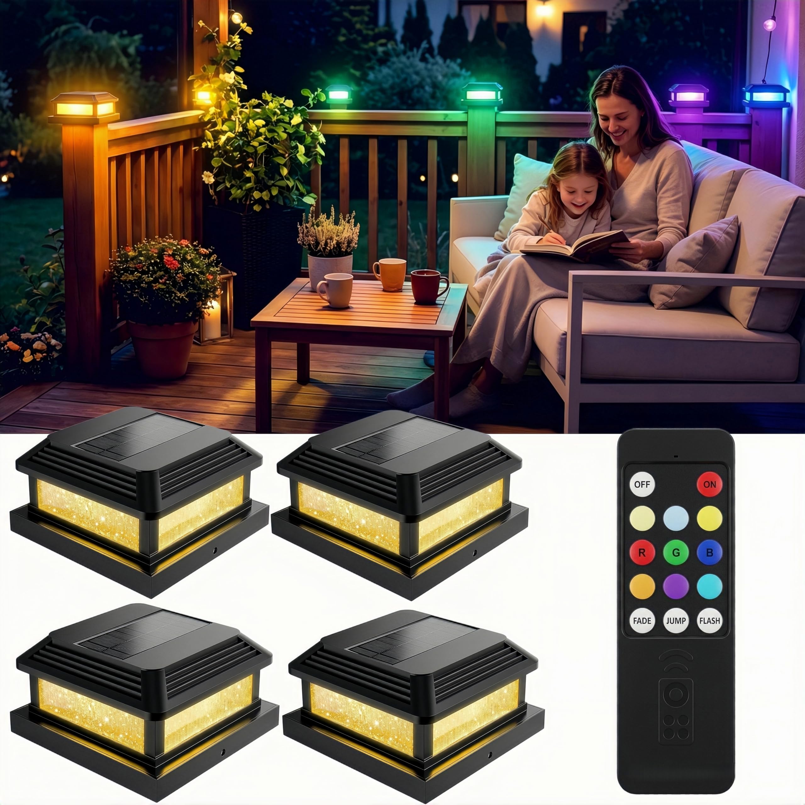 Solar Post Lights with Remote 4 Pack - RGB Color Changing Garden Post Lamp
