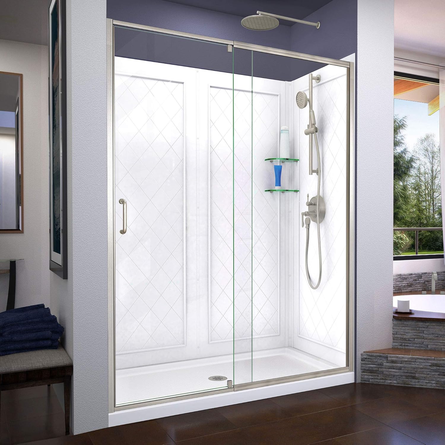 DreamLine Flex 30 in. D x 60 in. W x 76 3/4 in. H Semi-Frameless Shower Door in Brushed Nickel with Center Drain Base, Backwalls, DL-6227C-04