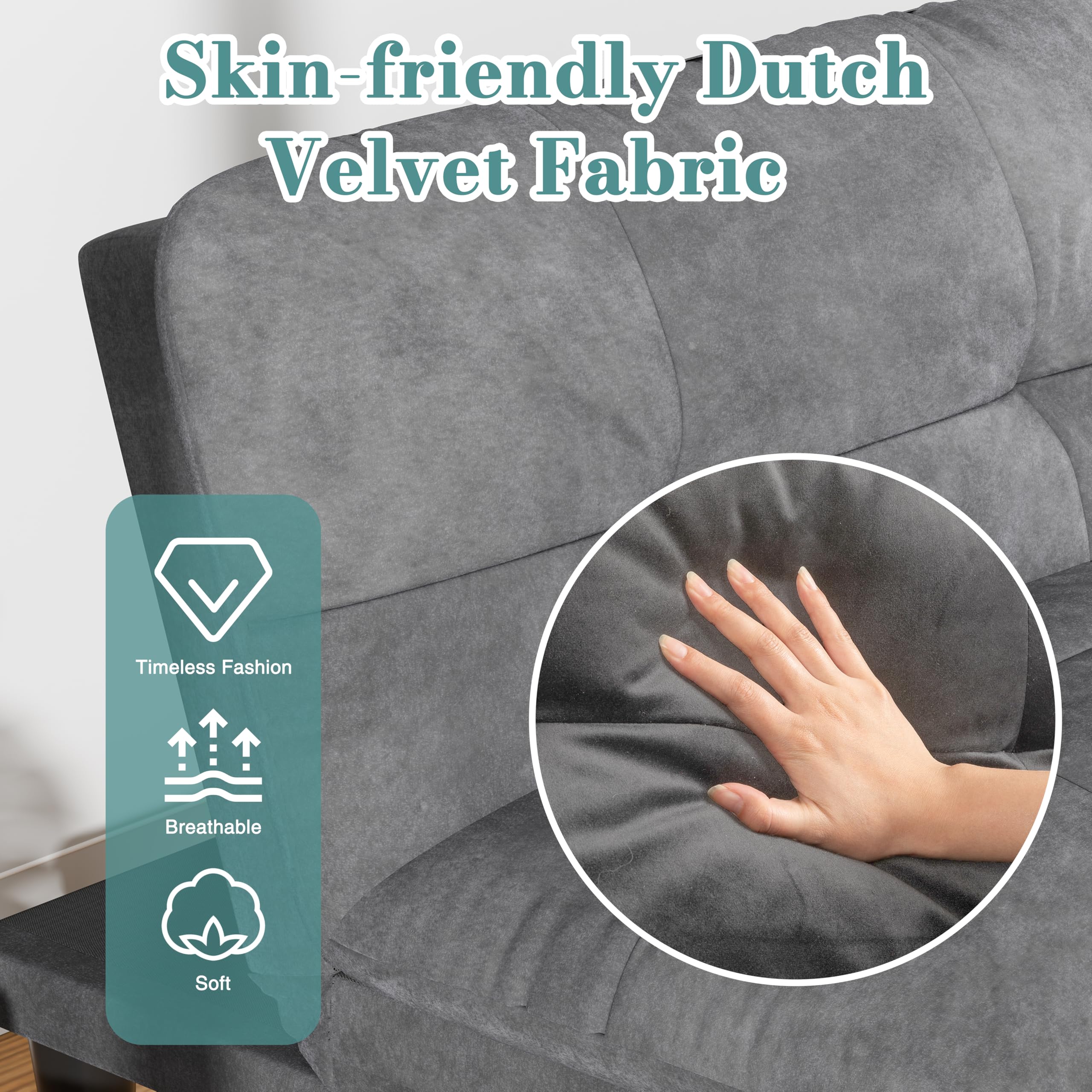 Small Futon Sofa Bed, Folding Futon Bed Sleeper Couch Recliner for Living Room, Convertible Cloud Sofa Couch with Adjustable Backrest for Apartment & Office Velvet, Parloma