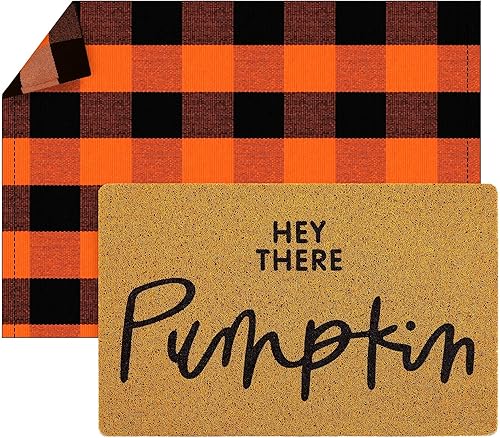 Fabbay 2 tapetes de bienvenida de otoño, alfombra de lana cuadriculada en capas, tapete de fibra de coco de Halloween, tapete de calabaza para