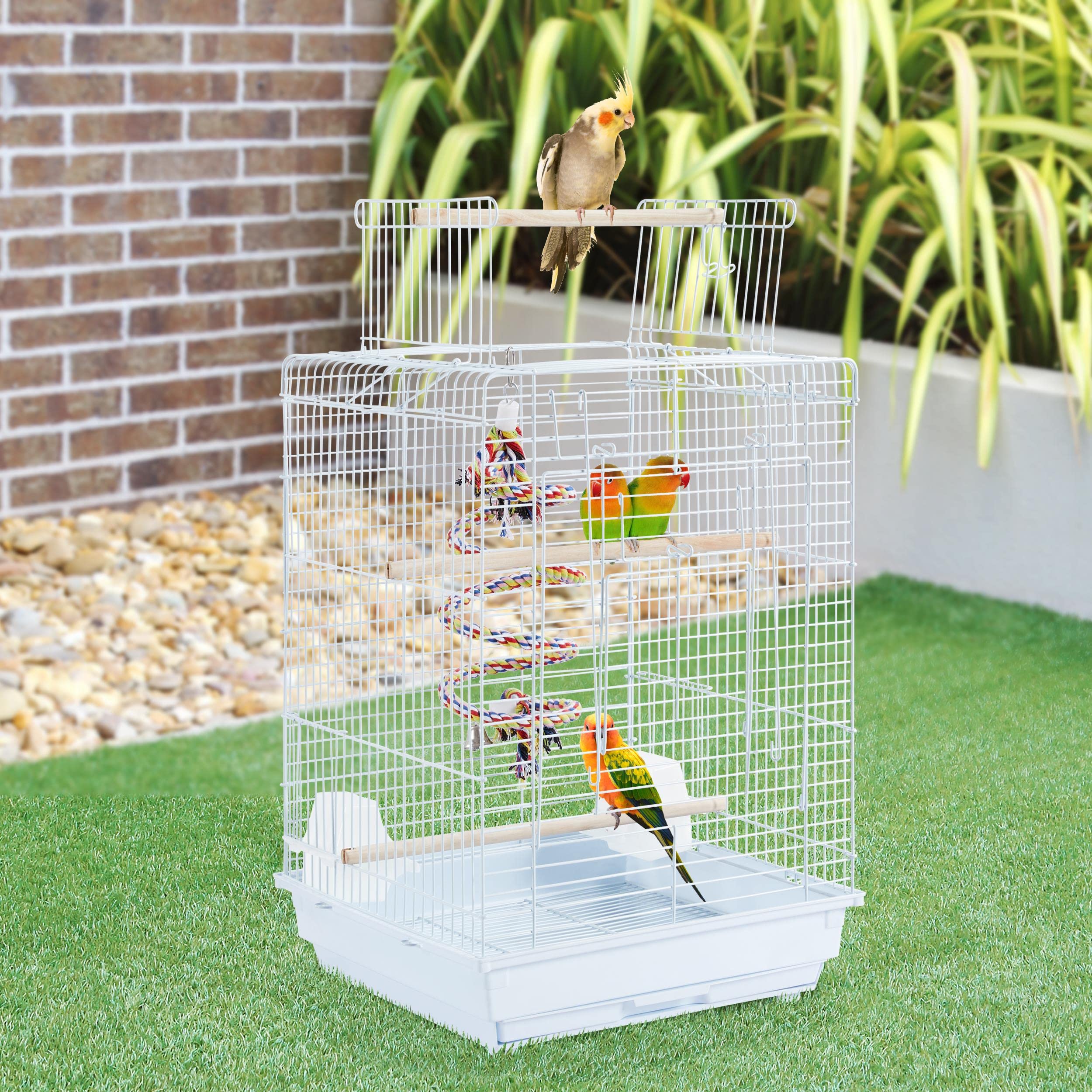 Yaheetech Gabbia Uccelli Metallo Tetto Apribile 40 × 40 × 58 cm Bianco | Gabbia Spaziosa con Tetto Apribile, Posatoi in Legno e Giocattolo Incluso, Adatta per Pappagalli e Inseparabili