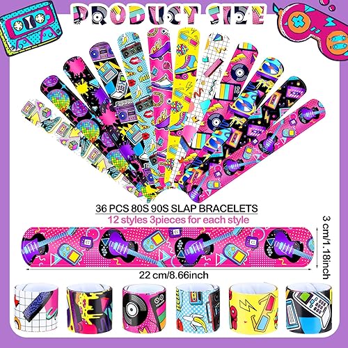 Miniatura 4 de Sinmoe 86 pulseras de fiesta de los años 80 y 90 a granel, recuerdos de fiesta temática de regreso a los 80, pulseras a presión con calcomanías
