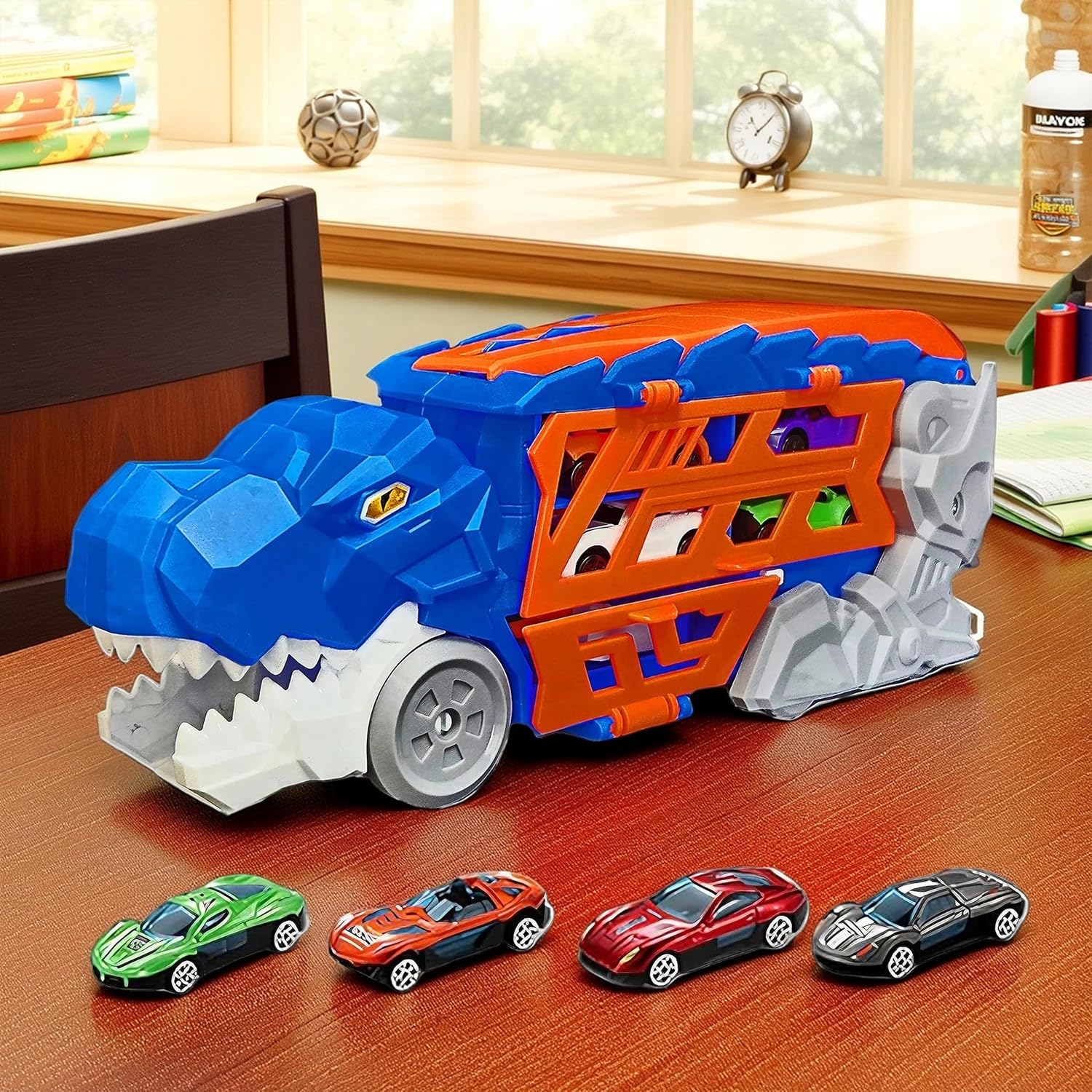 Dino Transporter Truck Toy with 4 Cars – Dinosaur Head Launcher & Extendable Race Track, Storage Carry Case for Kids, Toddlers, Boys & Girls Ages 3+