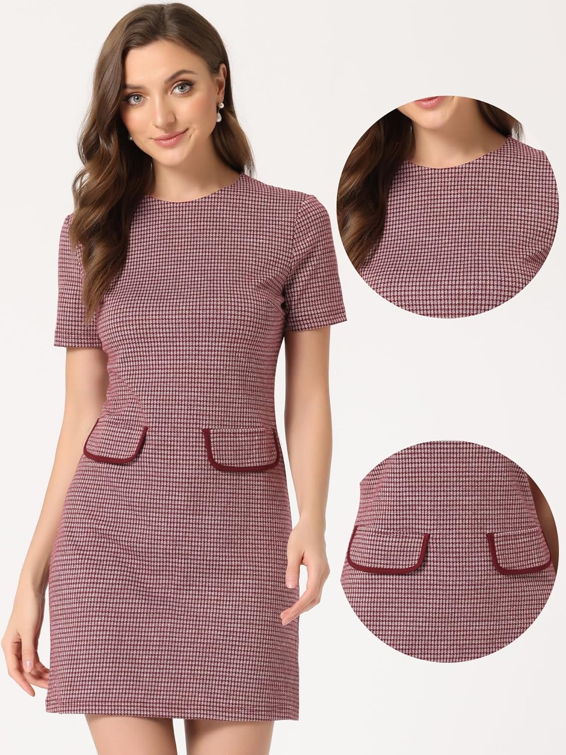 Allegra K Work Dress for Women Short Sleeve Vintage Houndstooth Above The Knee Dress - Image 3