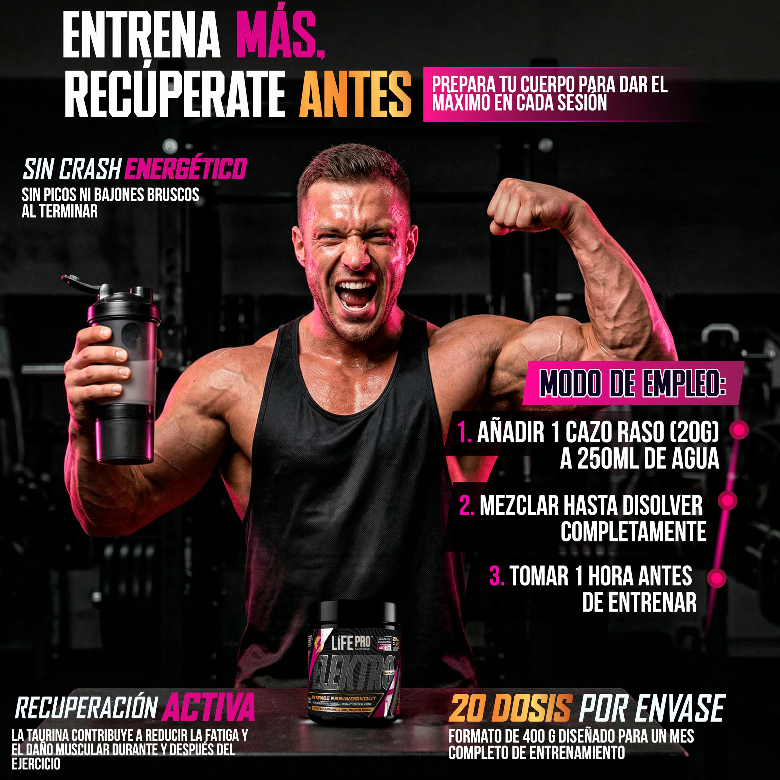 Pre Entreno Life Pro Elektro 400g - Pre Workout Potente con Citrulina Malato 8000mg, Beta Alanina 3000mg, Taurina 1500mg y Cafeína 200mg, Preentreno para Energía, Bombeo y Rendimiento | Sabor Lollipop
