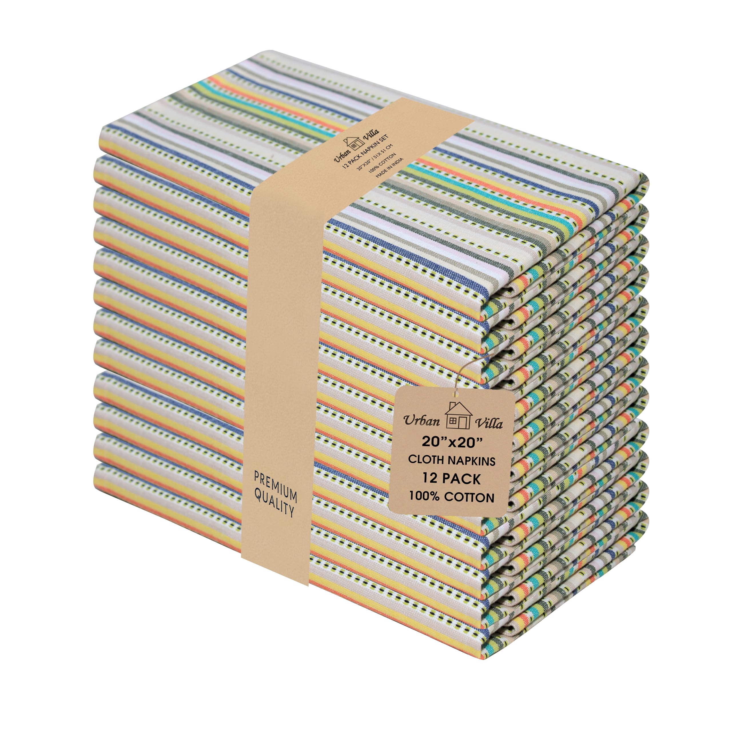 Urban Villa Cloth Napkins Set of 12 20x20 Inches 100% Cotton Napkins Cloth Washable Durable Reusable Absorbent Table Dinner Napkins Cloth for Hotel Lunch Restaurant Weddings Parties – Beige Stripes