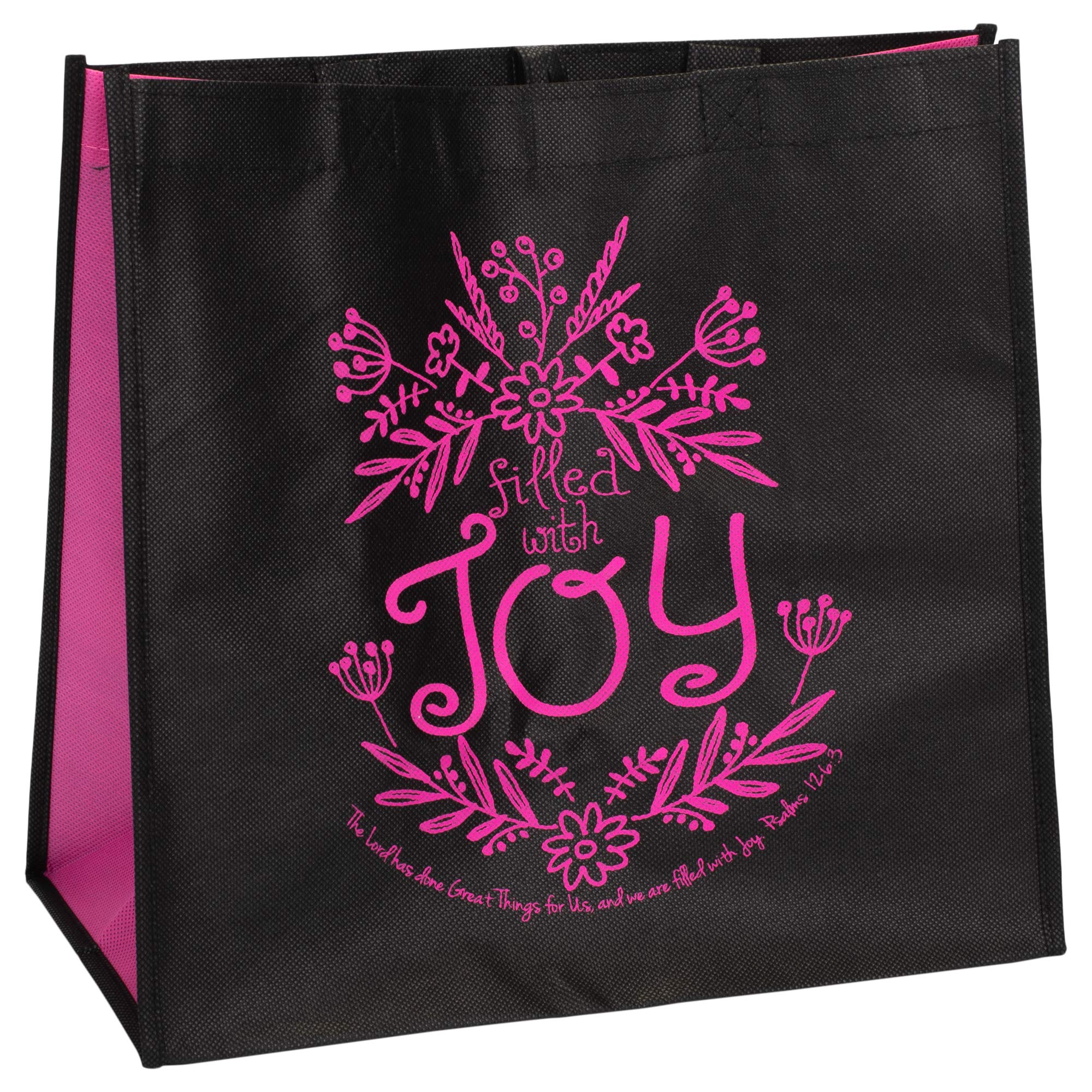 Divinity Boutique Filled With Joy 12 x 12 Inch Reusable Eco-Friendly Tote Bag, Black/Hot Pink, Pack of 2