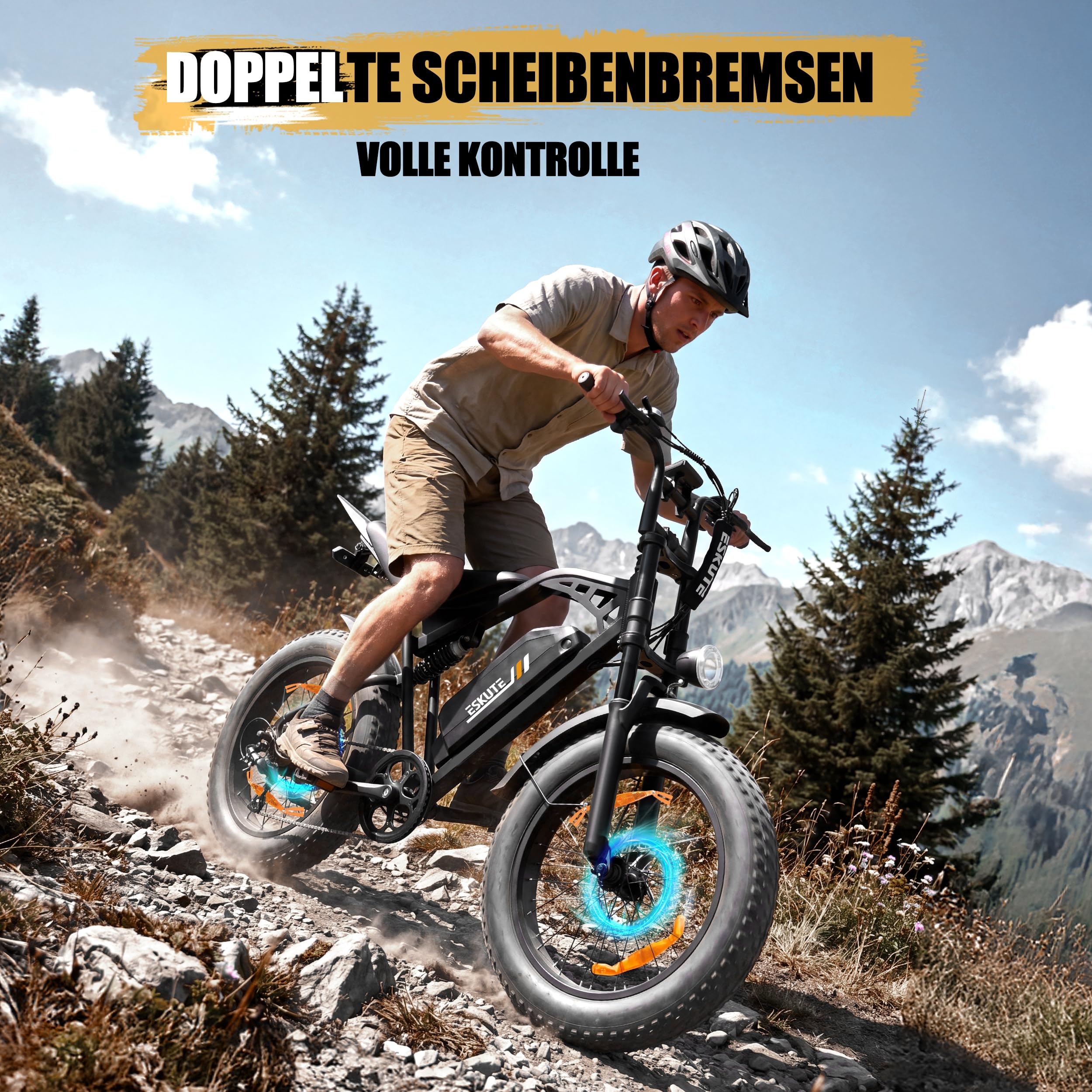 ESKUTE V202 E-Bike für Herren, 20×4 Zoll Fat Tire Offroad Elektrofahrrad mit 48V 20.8Ah Akku, NFC Entsperrung, 80 km Reichweite, Vollfederung MTB für Gelände Schnee Sand