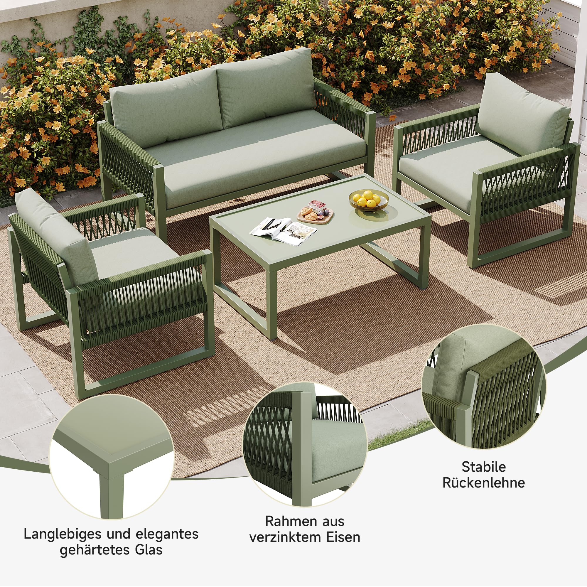 Kayan Set di mobili da giardino resistenti alle intemperie, per 4 persone, per esterni, con cuscini, 2 poltrone, panca da giardino, tavolo, con telaio in ferro zincato, per giardino, terrazza, balcone
