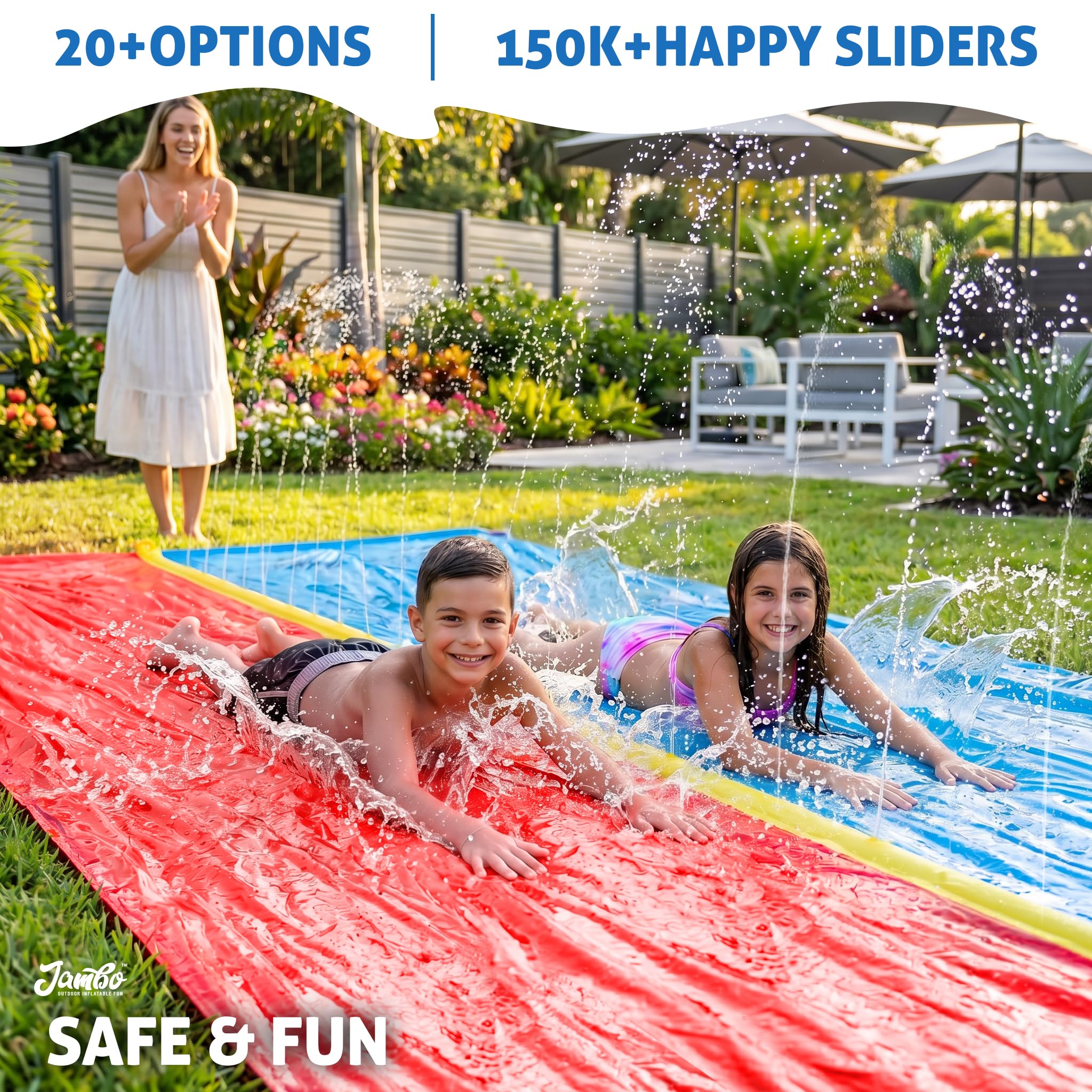JAMBO Aufblasbare Wasserrutsche mit Sprinkler 549 cm, Wasserrutsche Garten für Kinder, Wasserspielzeug Outdoor