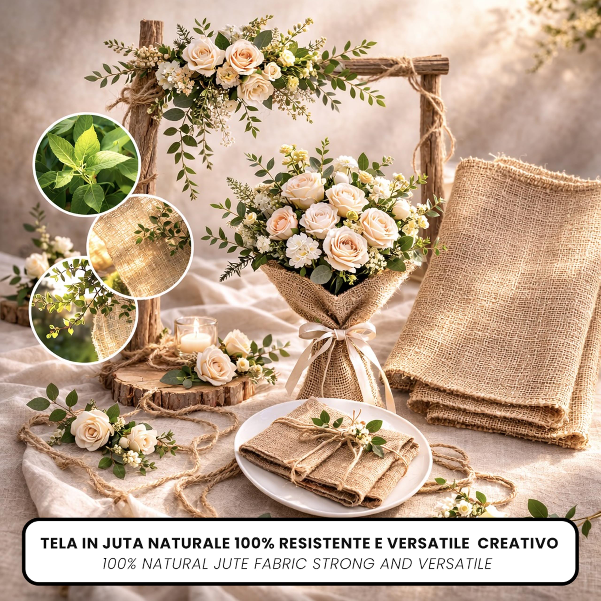 IPEA Tela in Juta Naturale al 100% – [ Grandezza 140 x 120 cm ] – Tessuto in Vera Iuta – Telo per Tappezzeria, Decorazioni, Accessori, Feste, Creazioni, Fai da Te – Fibra Naturale – Ideale per Eventi