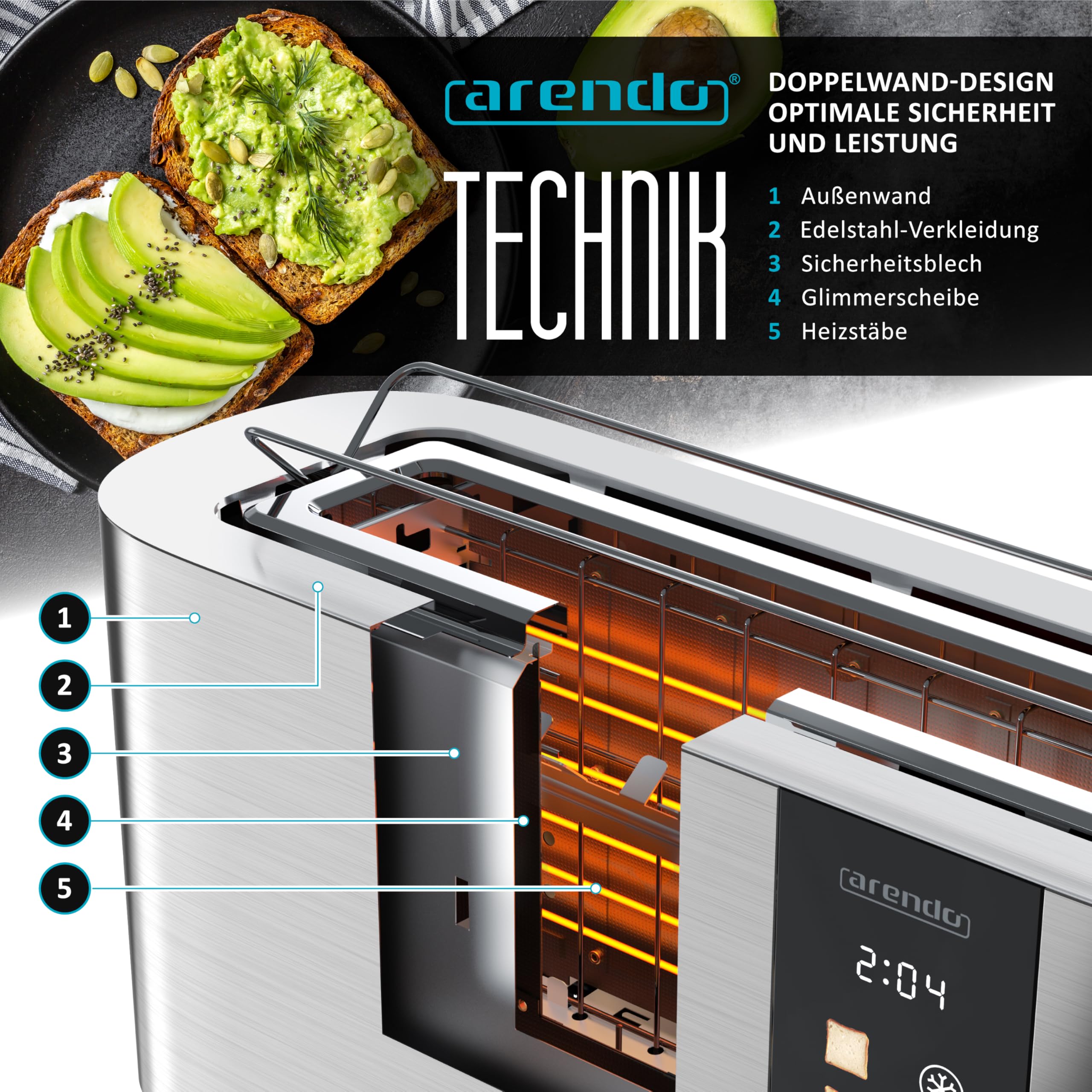 Arendo - Edelstahl Toaster 2 Scheiben Langschlitz - Touchscreen – Doppelwandgehäuse – Integrierter Brötchenaufsatz – 6 Bräunungsgrade – Brotzentrierung – Restzeitanzeige – Memoryfunktion - Silber