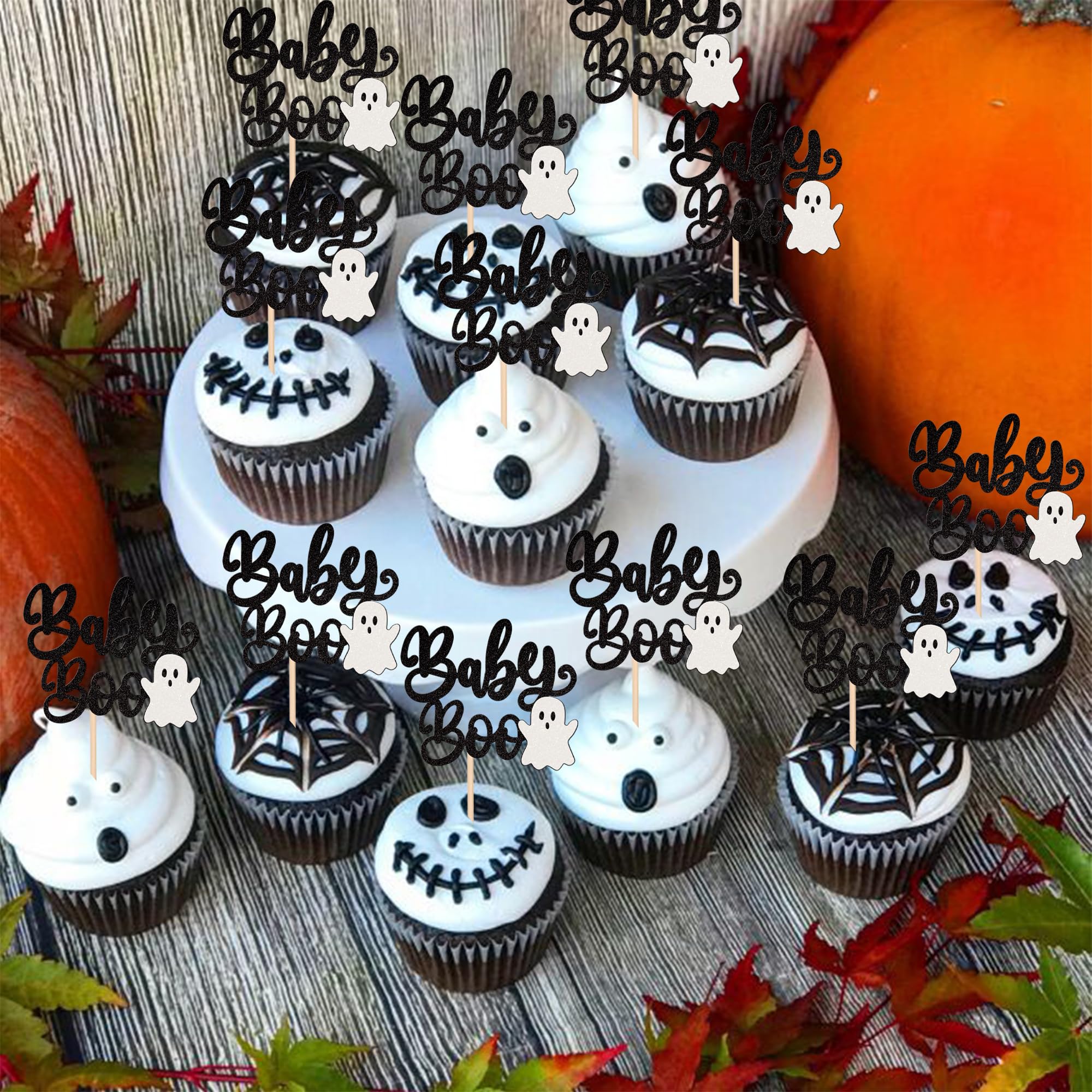 24 PCS Halloween Cupcake Toppers - Pink Glitter Bat, Witch, Ghost, Pumpkin Picks For Party Decor