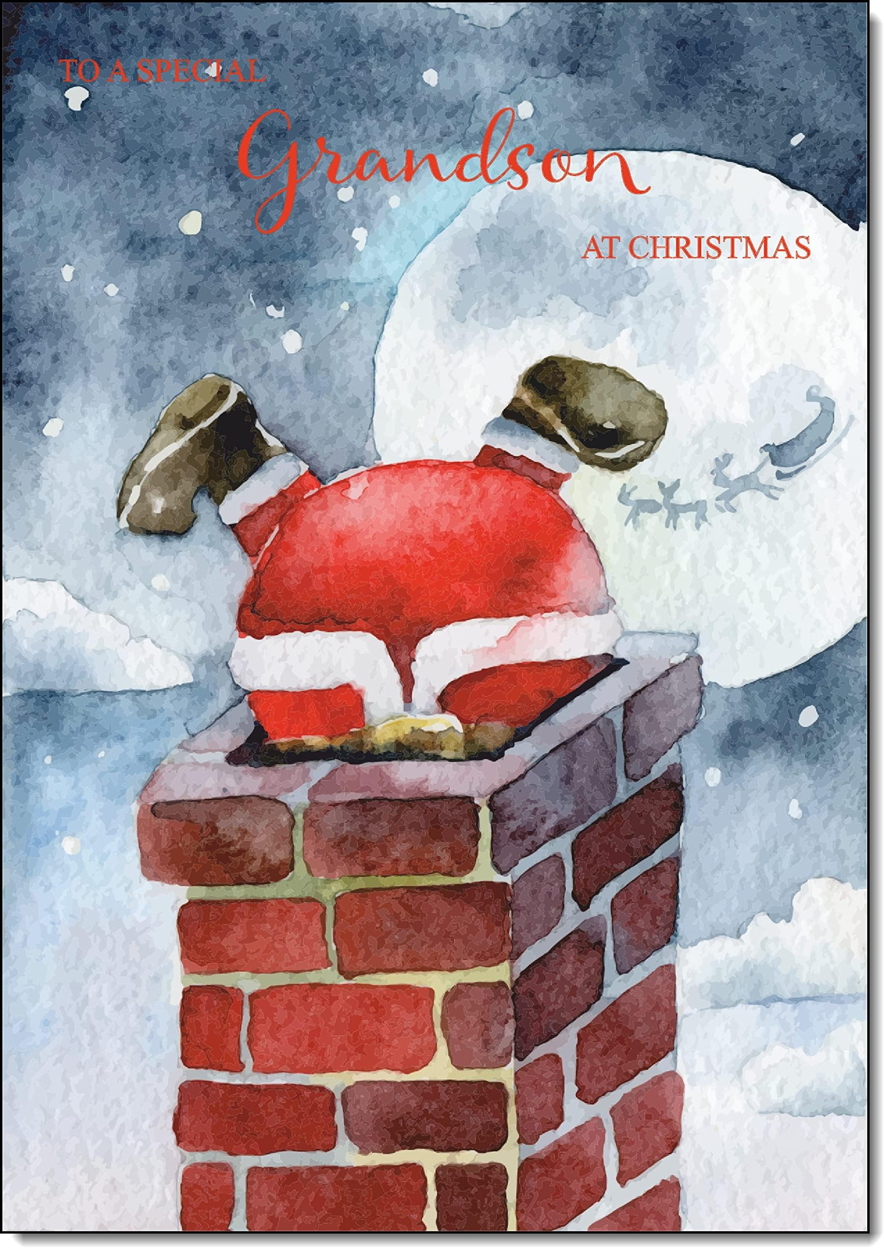 doodlecardsGrandson Christmas Card Santa Chimney Medium Size with Plain Red Envelope, 21 x 15cm