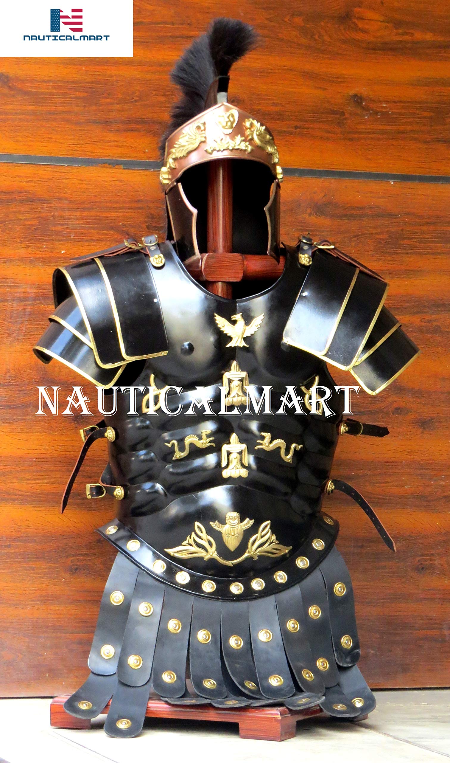 NauticalMart Medieval Roman Black Muscle Armor Cuirass Set W/Shoulders And Helmet W/Plume Halloween Costume
