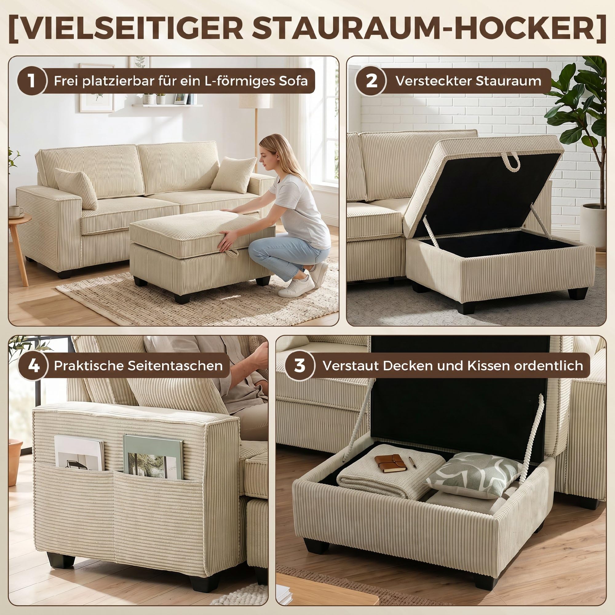 HOMCOM Ecksofa 216 cm L-Form mit Umkehrbarem Aufbewahrungshocker Beige