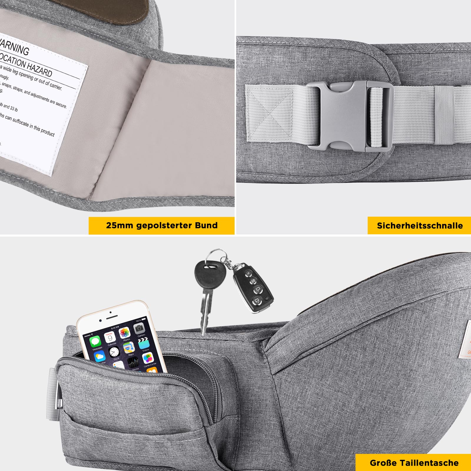 GAGAKU Ergonomico Hipseat Marsupio Seggiolino per bambini a vita leggera sgabello 0-36 mesi poliestere neonato - Grigio