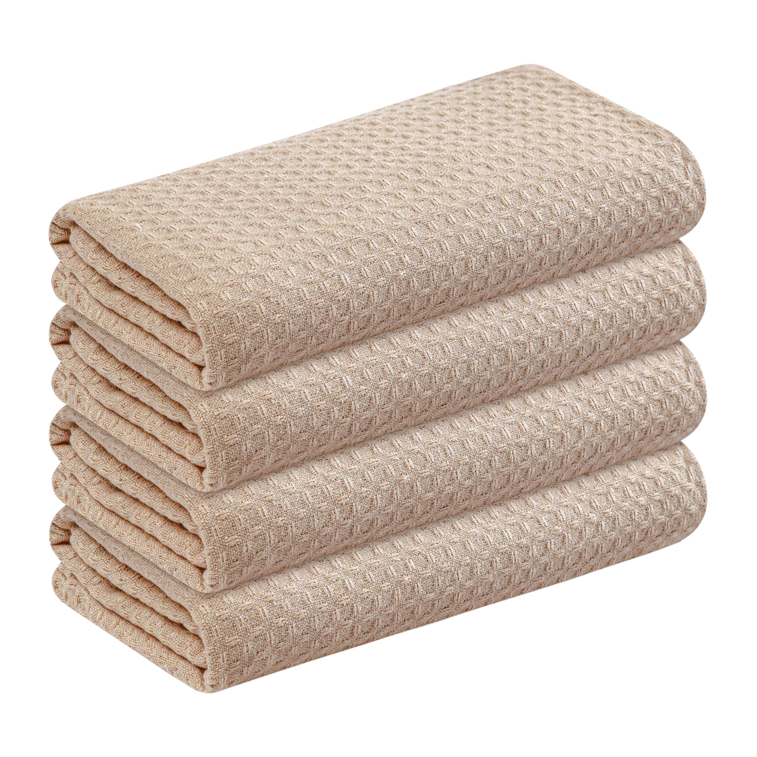 Beige Kitchen Dish Towels Set of 4-100% Cotton Waffle Weave, Super Absorbent, Soft, Quick Drying, 16x26 Inches, Ideal for Cleaning, Bar, Tea, and Everyday Use, Tan