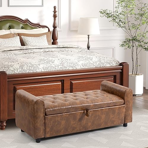Vista 16 de Otomana con almacenamiento, banco de almacenamiento acolchado para dormitorio, banco de telas de 48" al pie de la cama, bancos tapizados