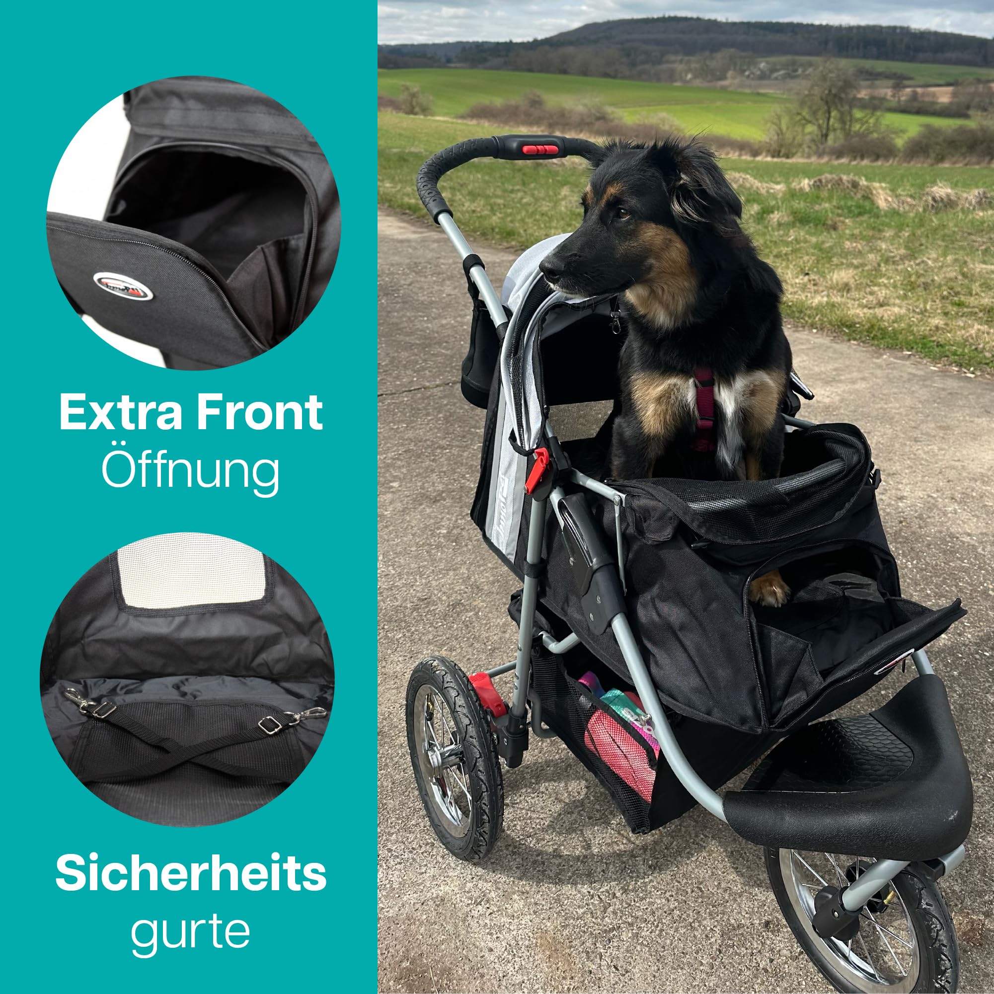 Hundebuggy Innopet Comfort Air Eco Schwarz/Silber – Hundewagen Katzenwagen mit 30cm Luftreifen, einhändig faltbar, für Waldwege geeignet – reflektierende Streifen, Organizer Vorderrad fixierbar
