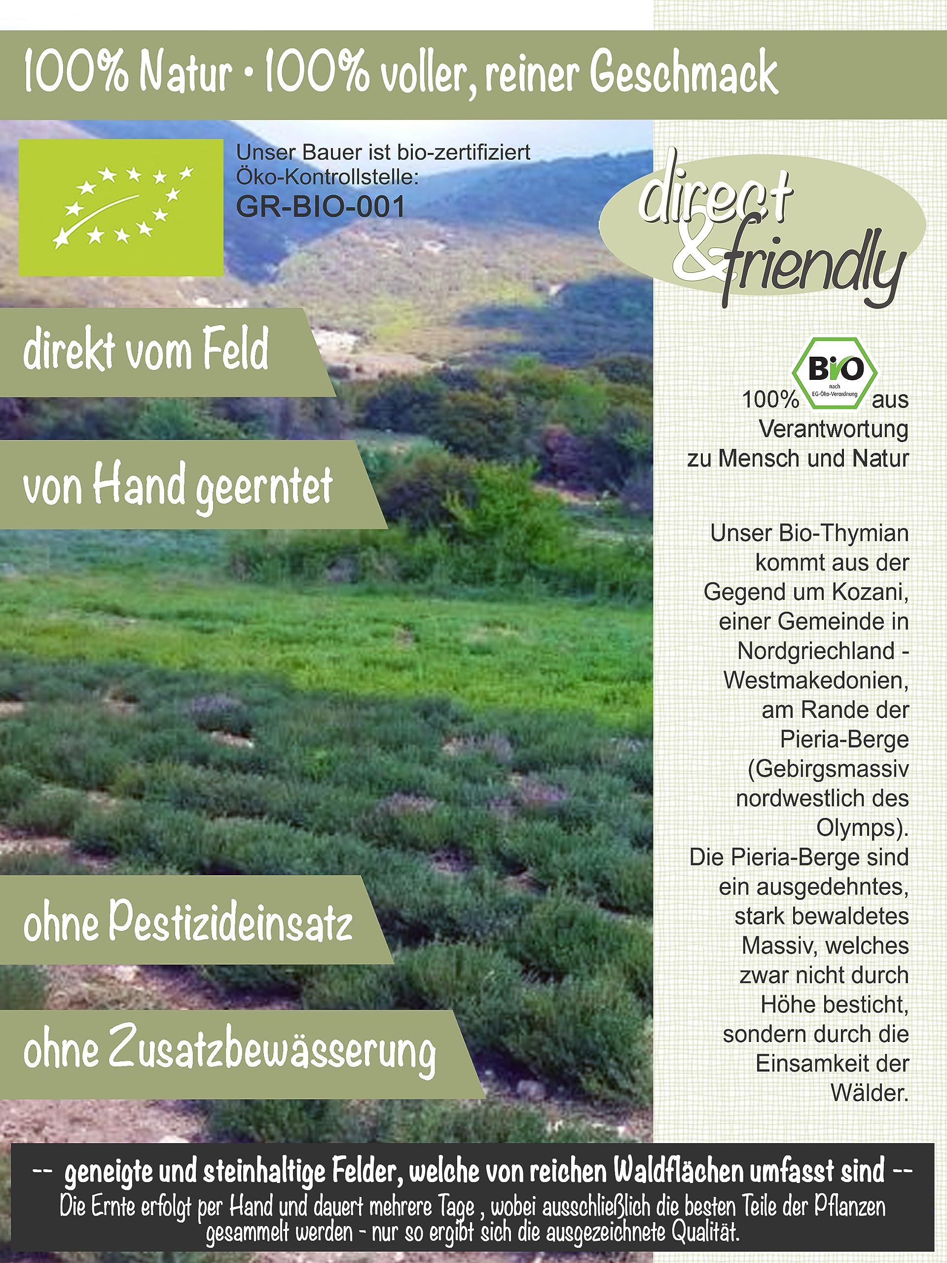 direct&friendly Bio Thymian aus Griechenland | handgeerntete Premium-Qualität | als Gewürz oder Thymian-Tee (100 g)