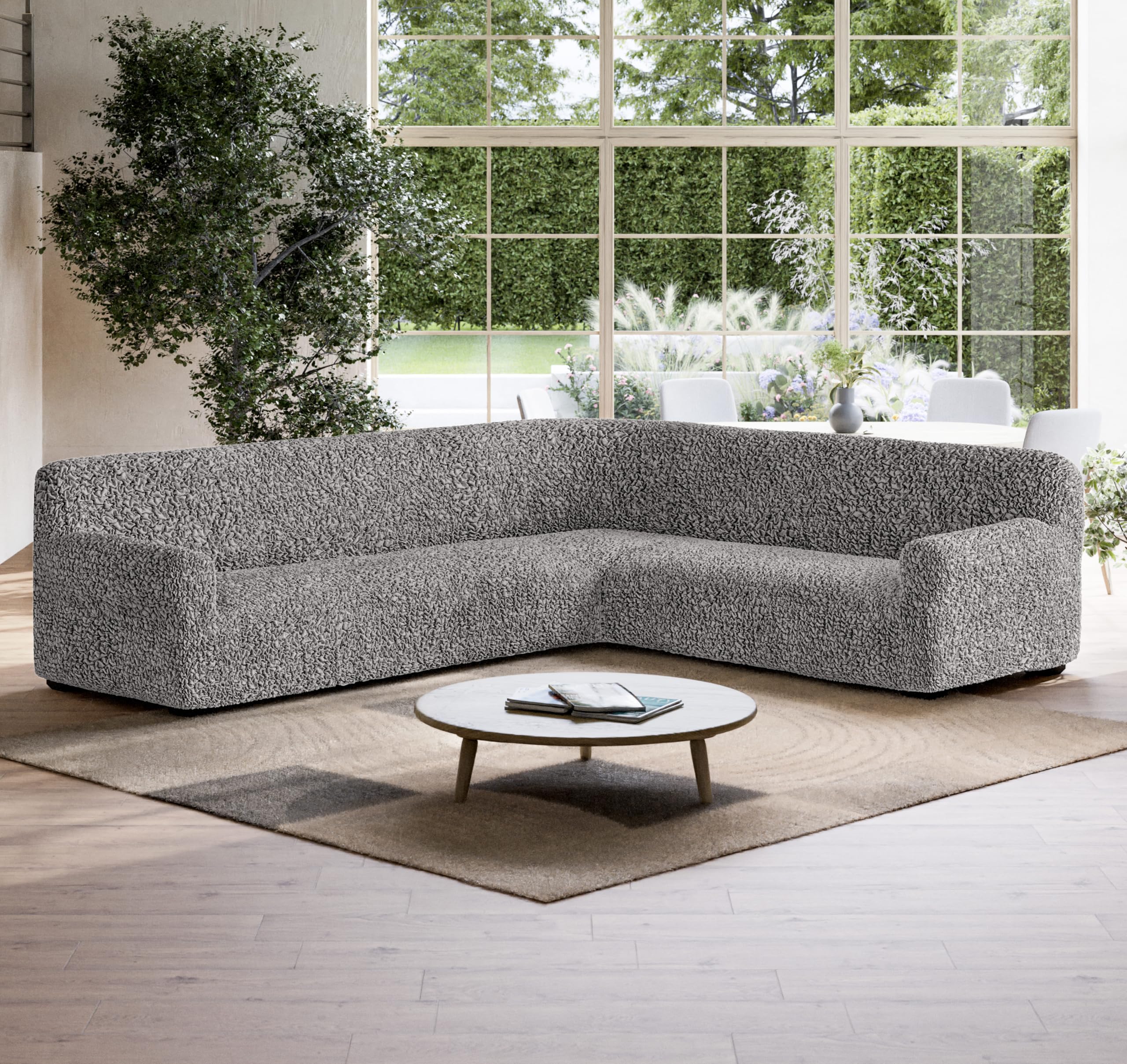 PAULATO BY GA.I.CO. Sectional Sofa Cover Stretch Corner Sofa Slipcover 1-Piece Cotton Couch Cover for Kids Soft Slip Cover Furniture Protector - Fuco Cotton Collection - Grey