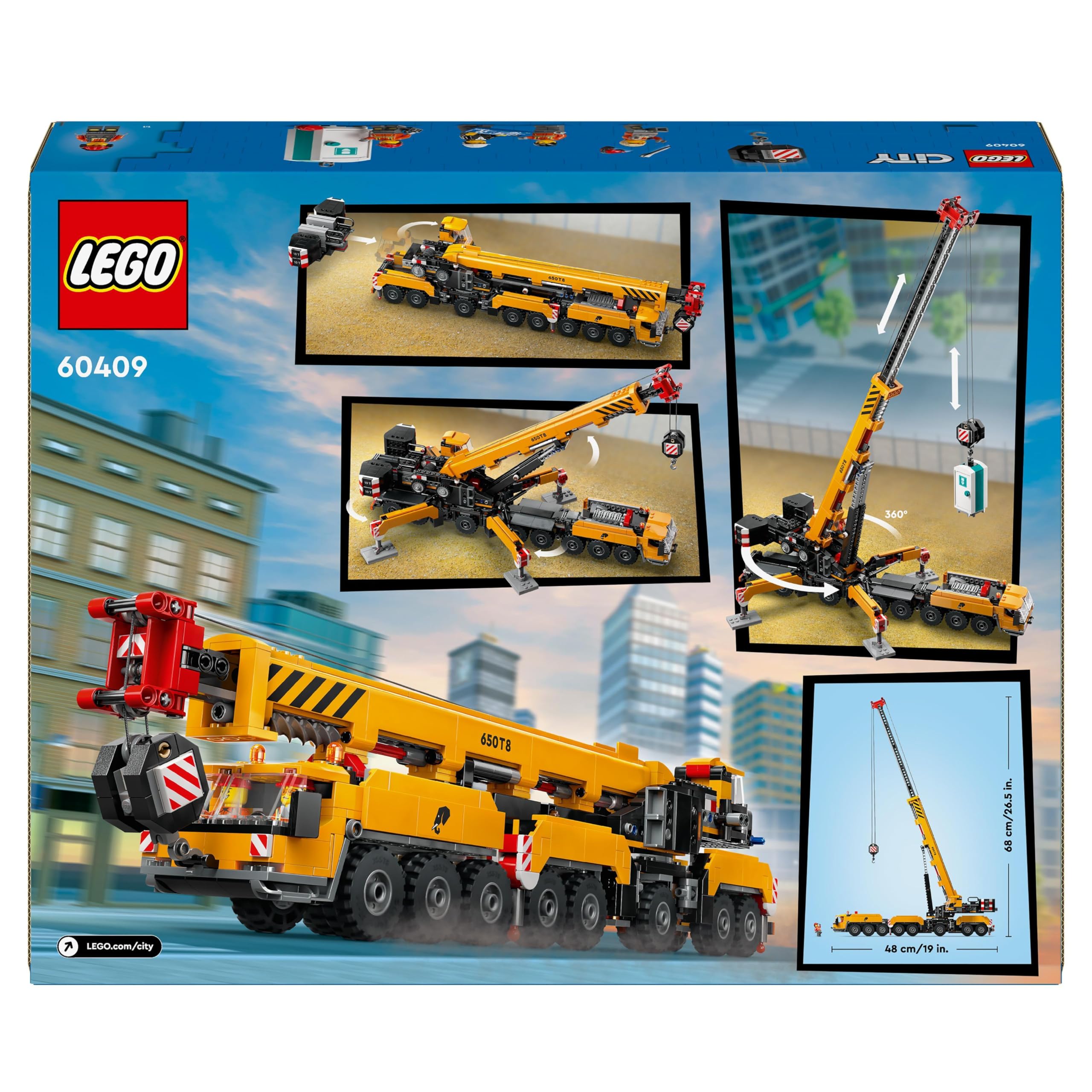 LEGO City Żółty ruchomy żuraw, dźwig, zabawka dla dziecka z wysuwanym wysięgnikiem i 4 minifigurkami do odgrywania ról, zabawki konstukcyjne dla chłopców i dla dziewczynek, prezent dla 9-latka, 60409