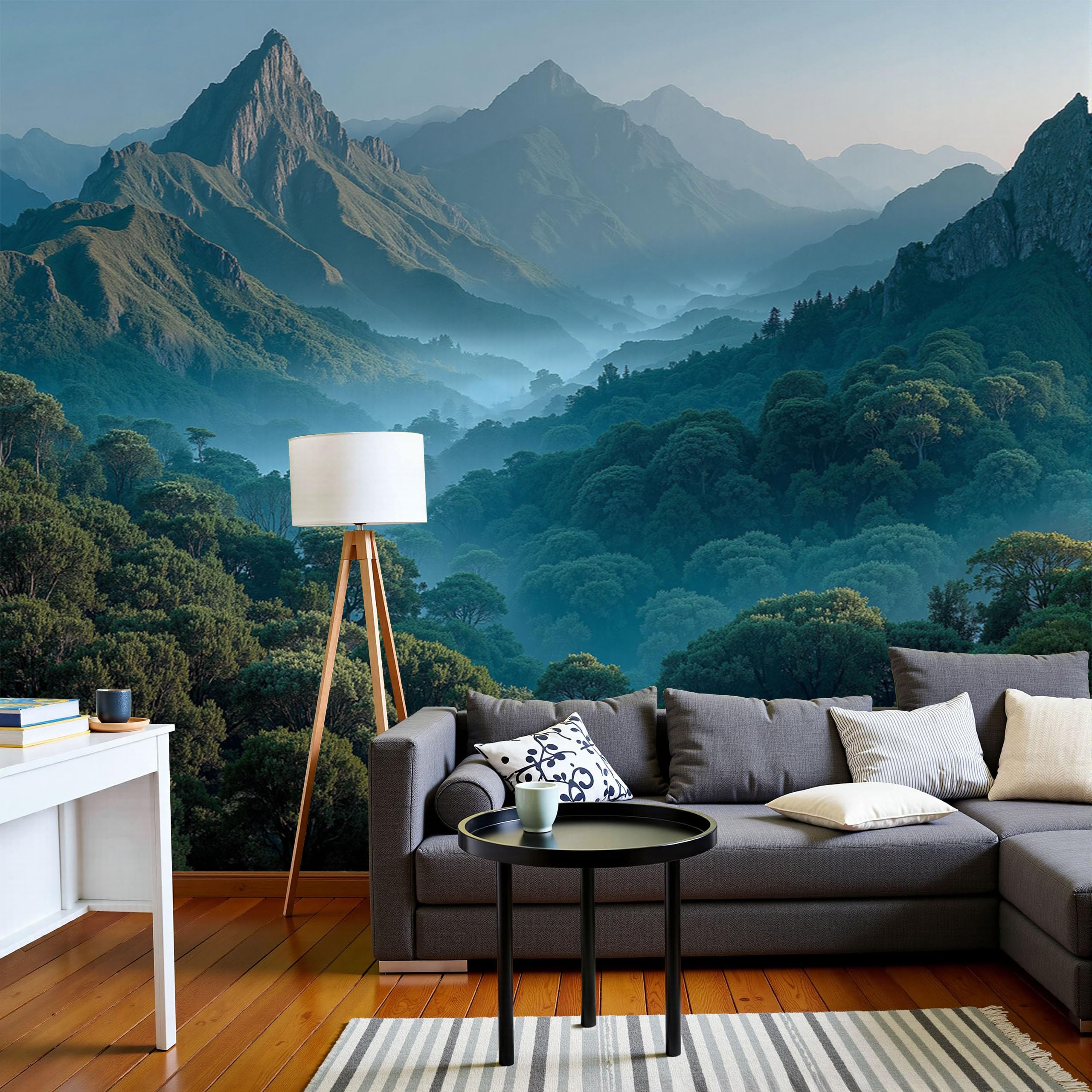 Fresque paysage de montagne en soie turquoise de qualité XXL