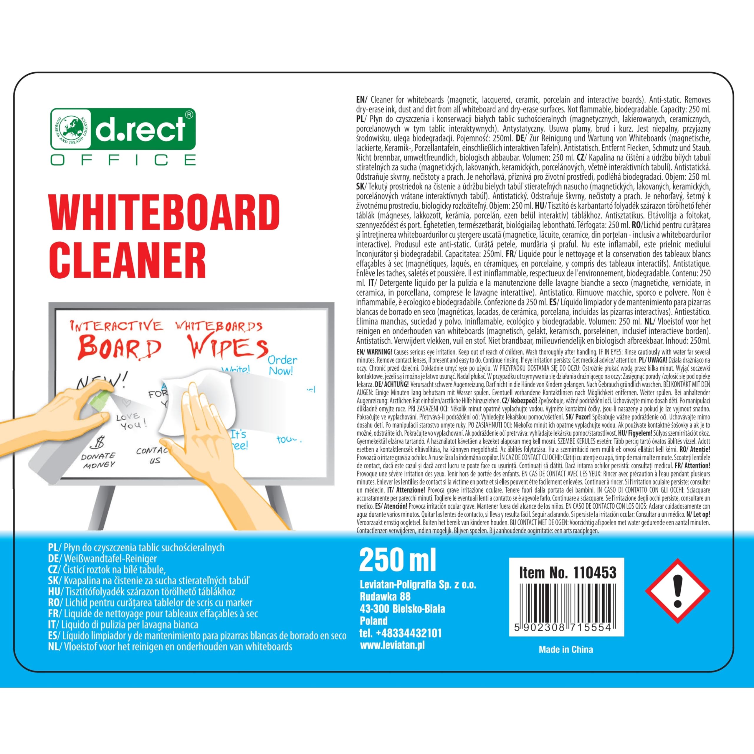 D.RECT Limpiador Pizarra Blanca 250 ml, Spray Limpieza Pizarra Blanca Tablero Magnético Flipchart Whiteboard, Botella de Bombeo, 110453
