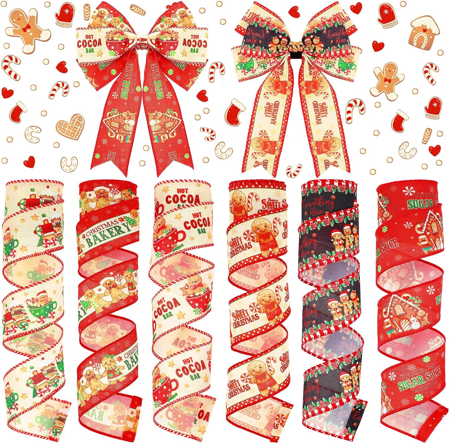 6 Rolls 30 Yard Winter Wired Ribbon 2 Inch Snowflake Snowman Ribbon Winter Swirl Burlap Wonderland Gift Wrapping Thread for Tree Topper Wreath DIY Craft Bow Decor(Gingerbread,Color)