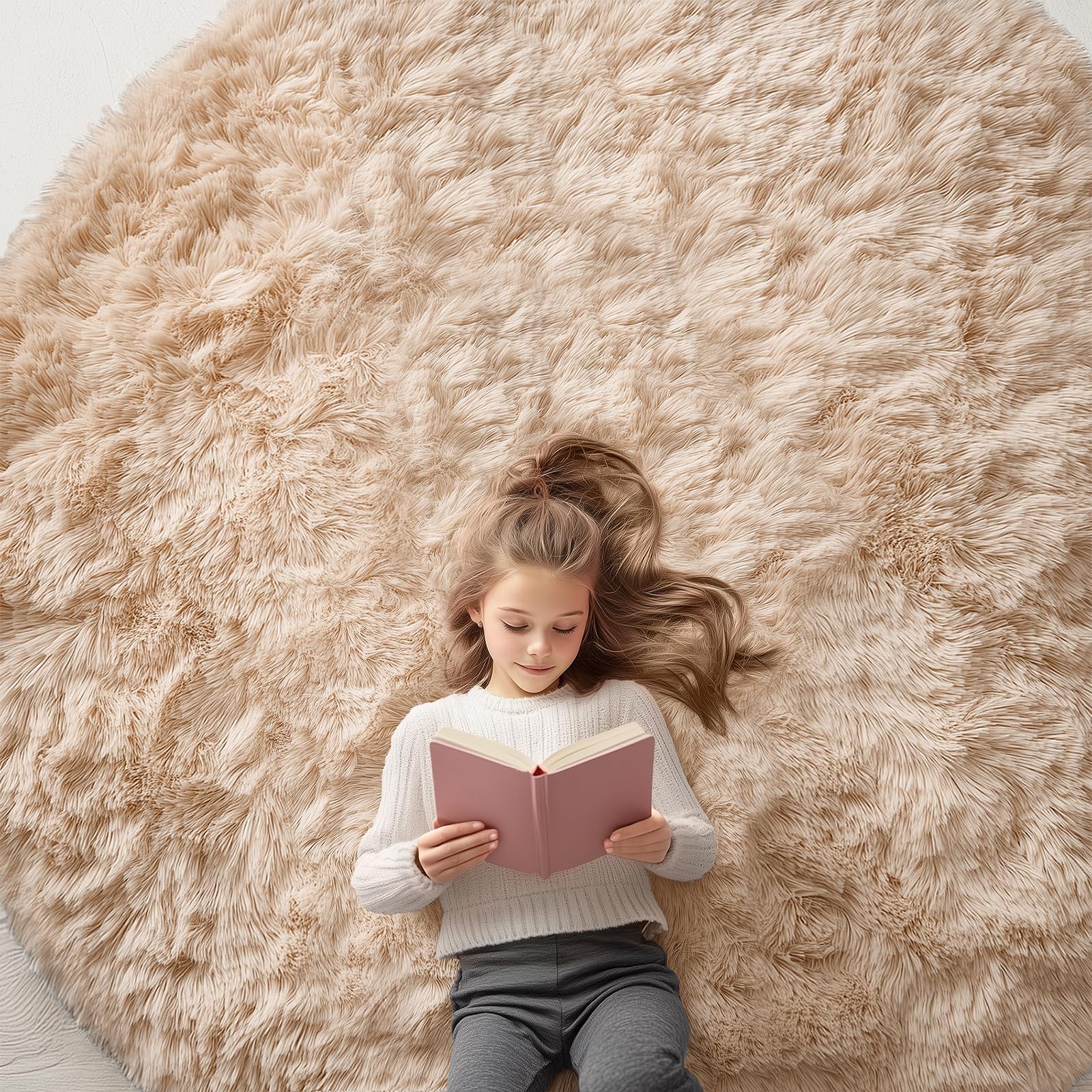 OLANLY Beige Round Rugs for Bedroom Machine Washable Circle Rugs 7'x7' for Living Room, Soft Fluffy Shaggy Rug for Teen Kids Bedrooms, — image 1