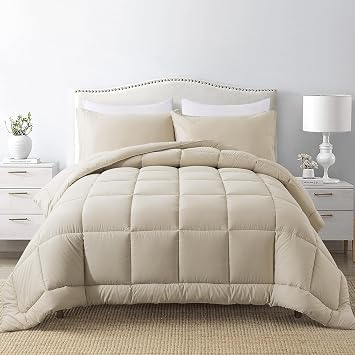 DOWNCOOL Queen Comforter Set -All Season Bedding Comforters Sets with 2 Pillow Cases-3 Pieces Bedding Sets Queen -Down Alternative Beige Queen Size Comforter Sets88"x92"