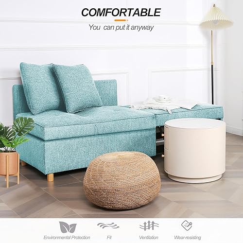 Miniatura 6 de SEJOV Sofá cama, sofá otomano convertible 4 en 1, moderno sofá futón de línea azul con 2 almohadas, respaldo y reposabrazos ajustables, sofá biplaza