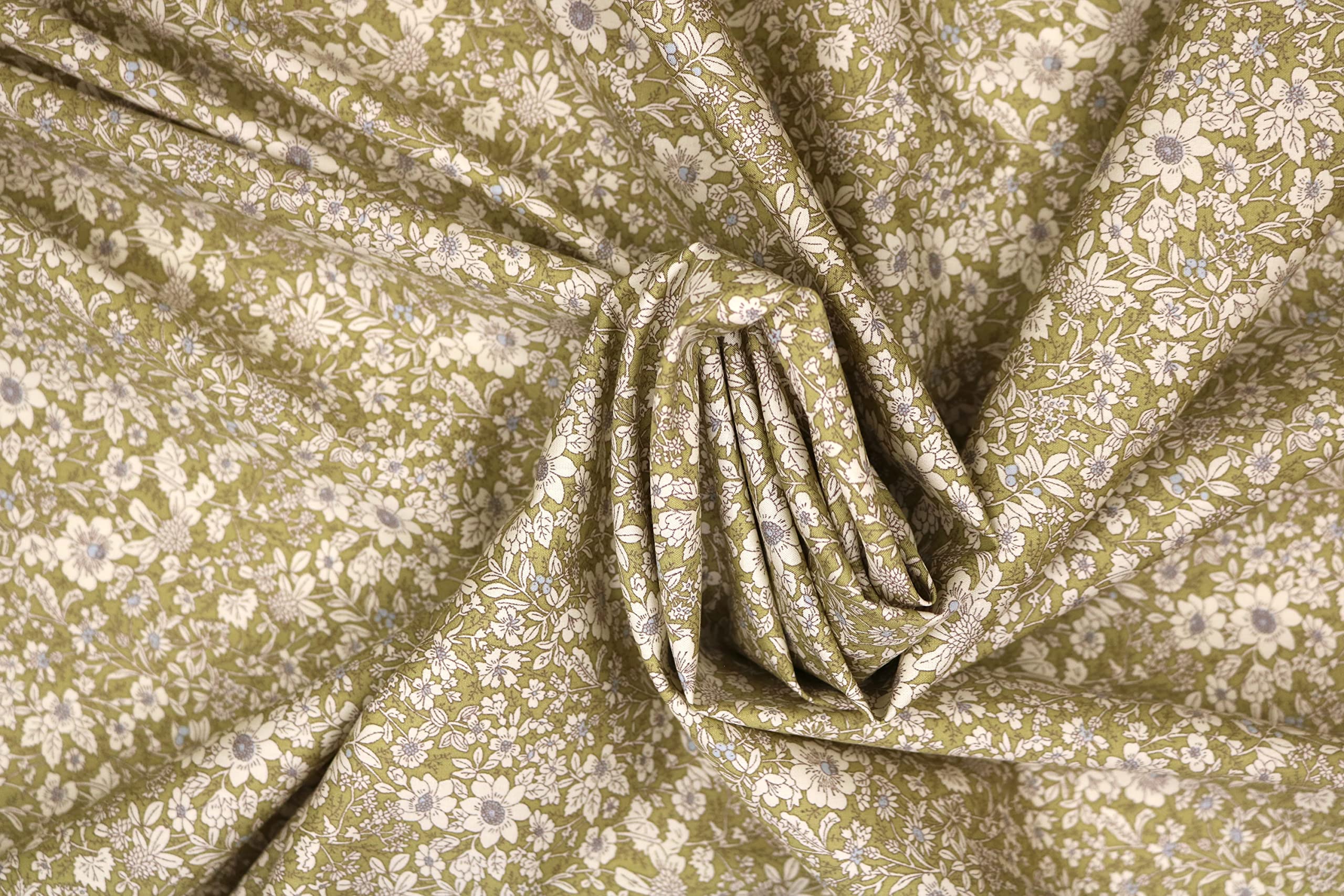 Pyrhan 100% Cotton Poplin By Rose & Hubble | Little Wild Blossom Floral Printed Cotton fabric By The Metre Uk | 114 Cm | Crafting Fabric & Dressmaking Fabric | Dress Fabric Material For Sewing (Olive)