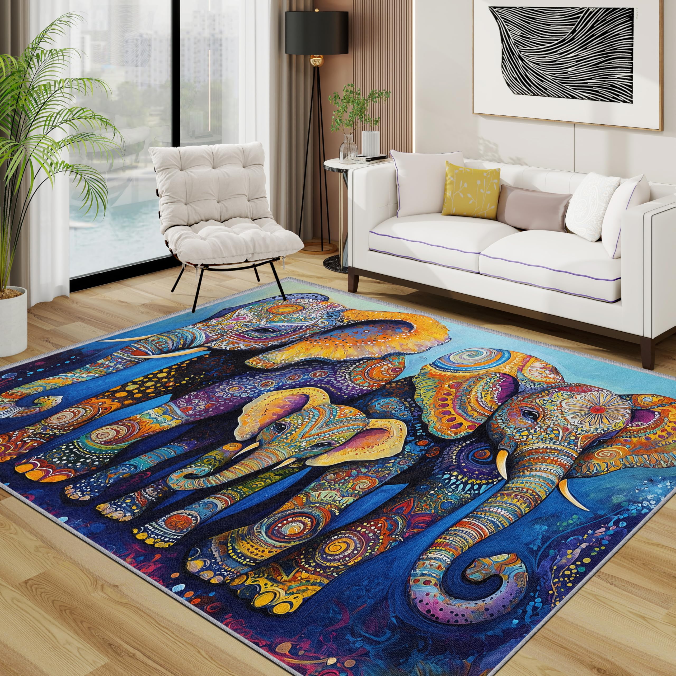 TerroVee Elephant Rug - Colourful Ornate Wild Animal Small Rugs for Bedroom 60x90, Ethnic Art Boho Wildlife Floor Mat Soft Washable Non Slip Indoor Mats, Elephant Room Decor