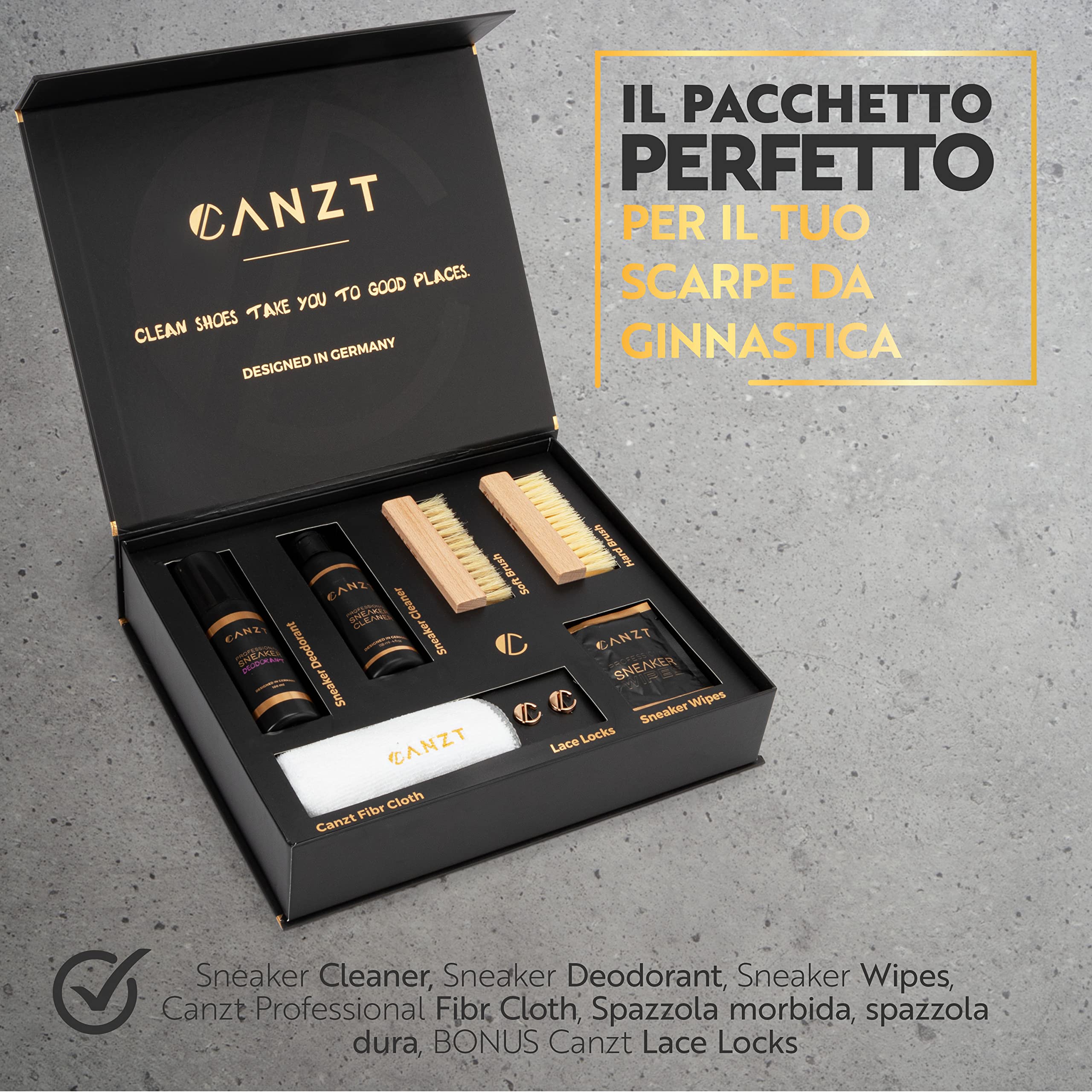 Canzt Kit Pulizia Scarpe Black Box – Kit pulizia sneakers premium con detergente scarpe, salviette, deodorante, spazzole e panno in microfibra per pelle, camoscio, nubuck e tessuto