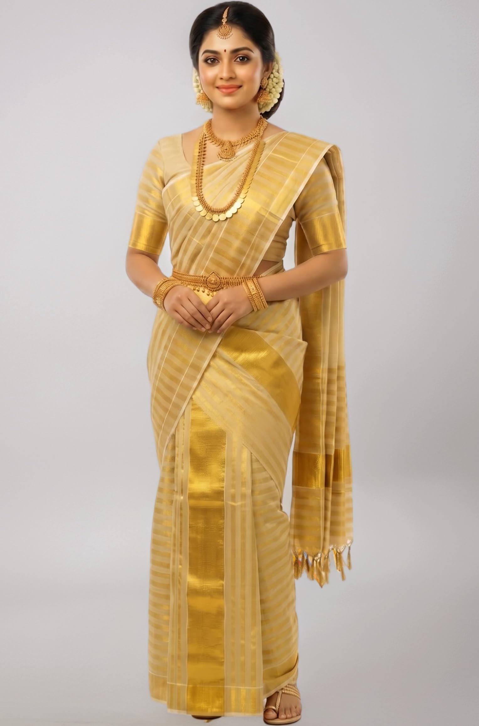 Women's Kerala Traditional Flora Tissue Kasavu Set Mundu With Tassels 2.00x2.80 Meters