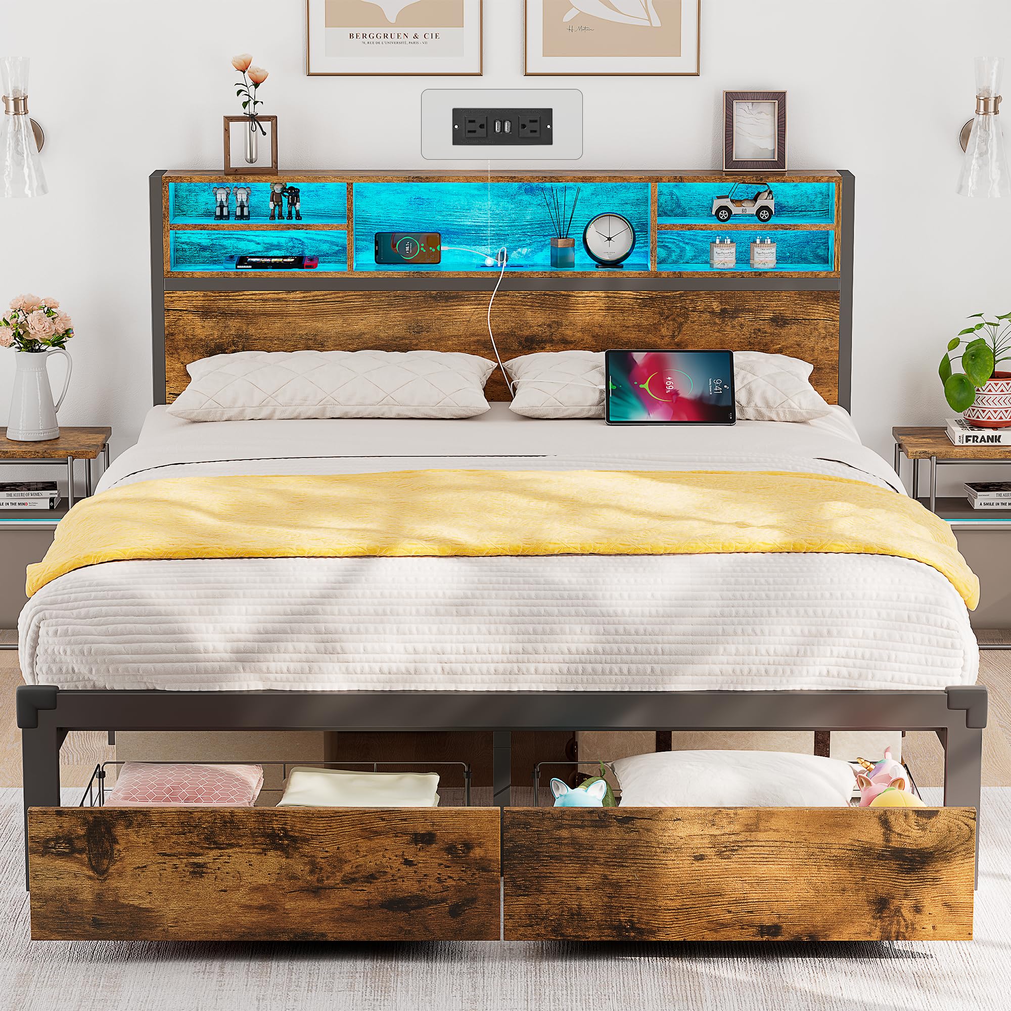 Alohappy Full Size Bed Frame with Storage Headboard and Drawers, Metal Platform Bed Frame with RGB Led Lights and with Charging Station, No Nosie No Box Spring Needed (Full)