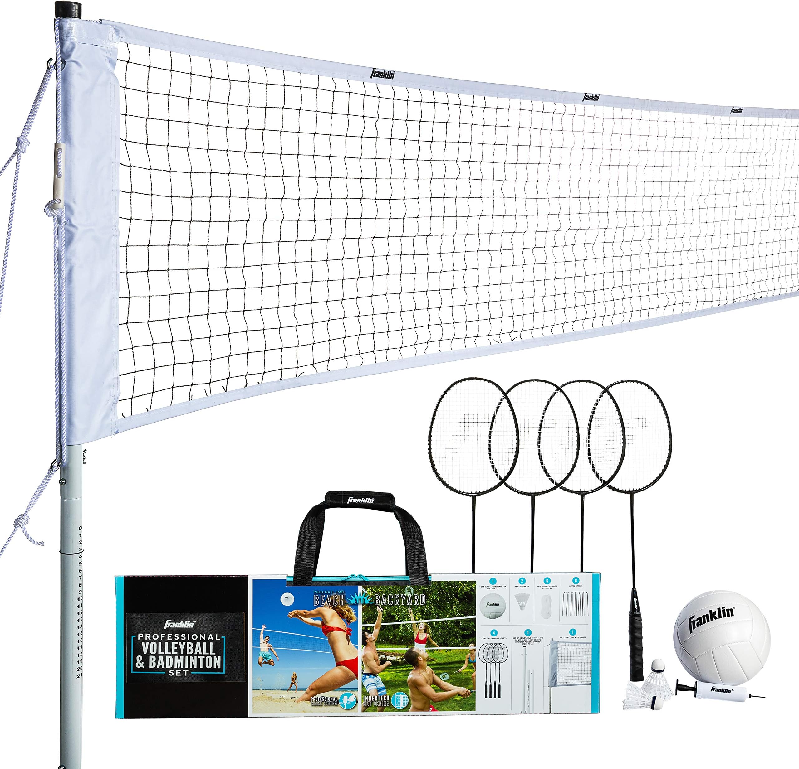 Volleyball + Badminton Combo Sets - Backyard + Beach Outdoor Volleyball + Badminton Net Set - Portable Badminton + Volleyball Net with Poles - Volleyball, Rackets + Birdies Included