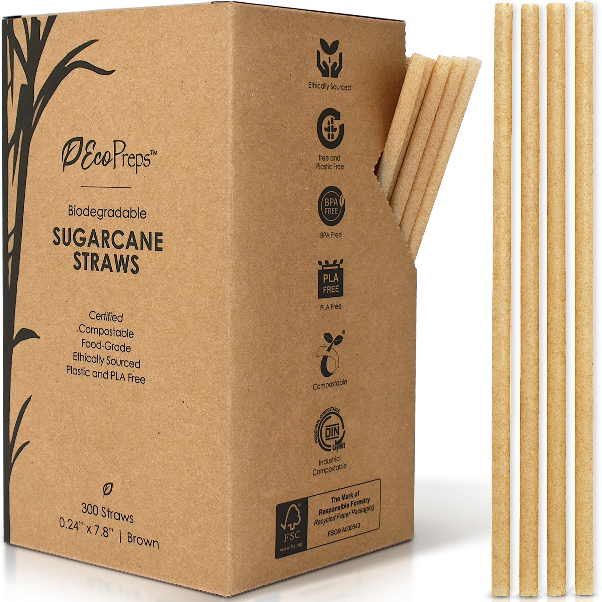 Biodegradable Sugarcane Straws | 300 Count, 100% Compostable, Plastic-Free, & Eco-Friendly Drinking Straw | 7.8'' Sugar Fiber Disposable Straws, Smoothie Straw for Home, Restaurant, Parties