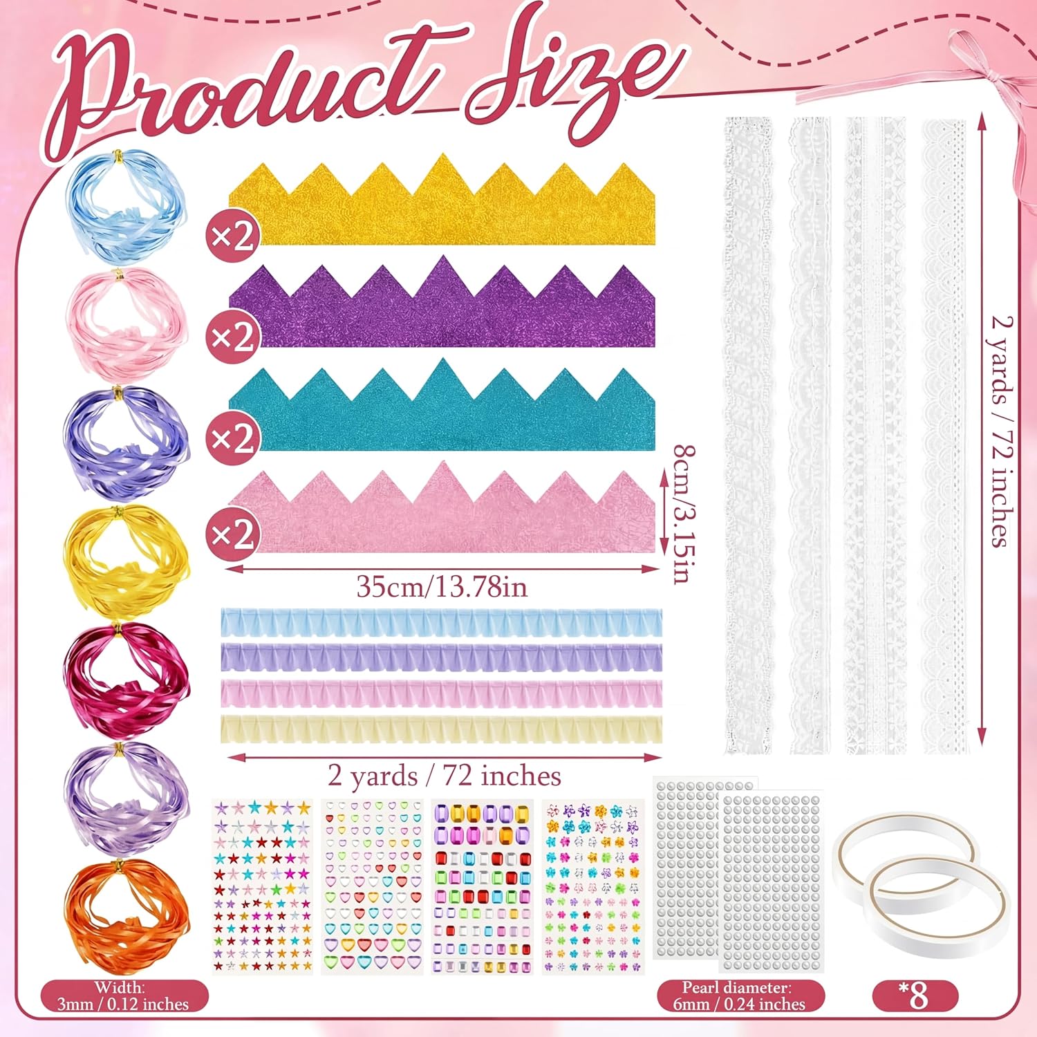 Dingion 8 Sets DIY EVA Princess Crowns with Cotton Lace Trim Satin Ruffle Ribbons Pearl and Jewel Stickers Macaron Color DIY Crown Set for Women Fancy Birthday Party and Craft Whimsical Decorations