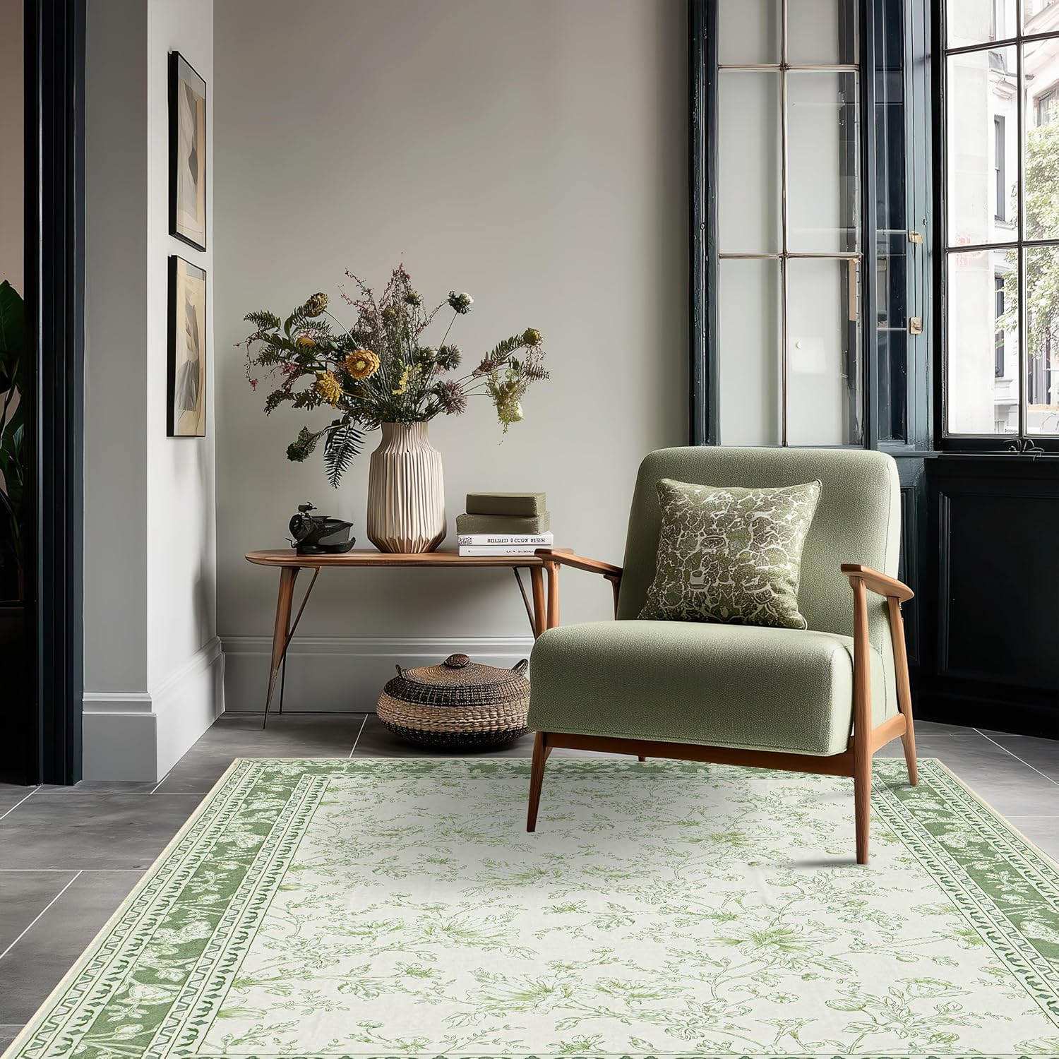 Green and Cream Area Rug 3x5 for Entryway Machine Washable Small Rug for Indoor Kitchen Bedroom Low Pile Vintage Peony Floral Print for Dining Living Room Non-Slip Sage Light Green Boho Decor