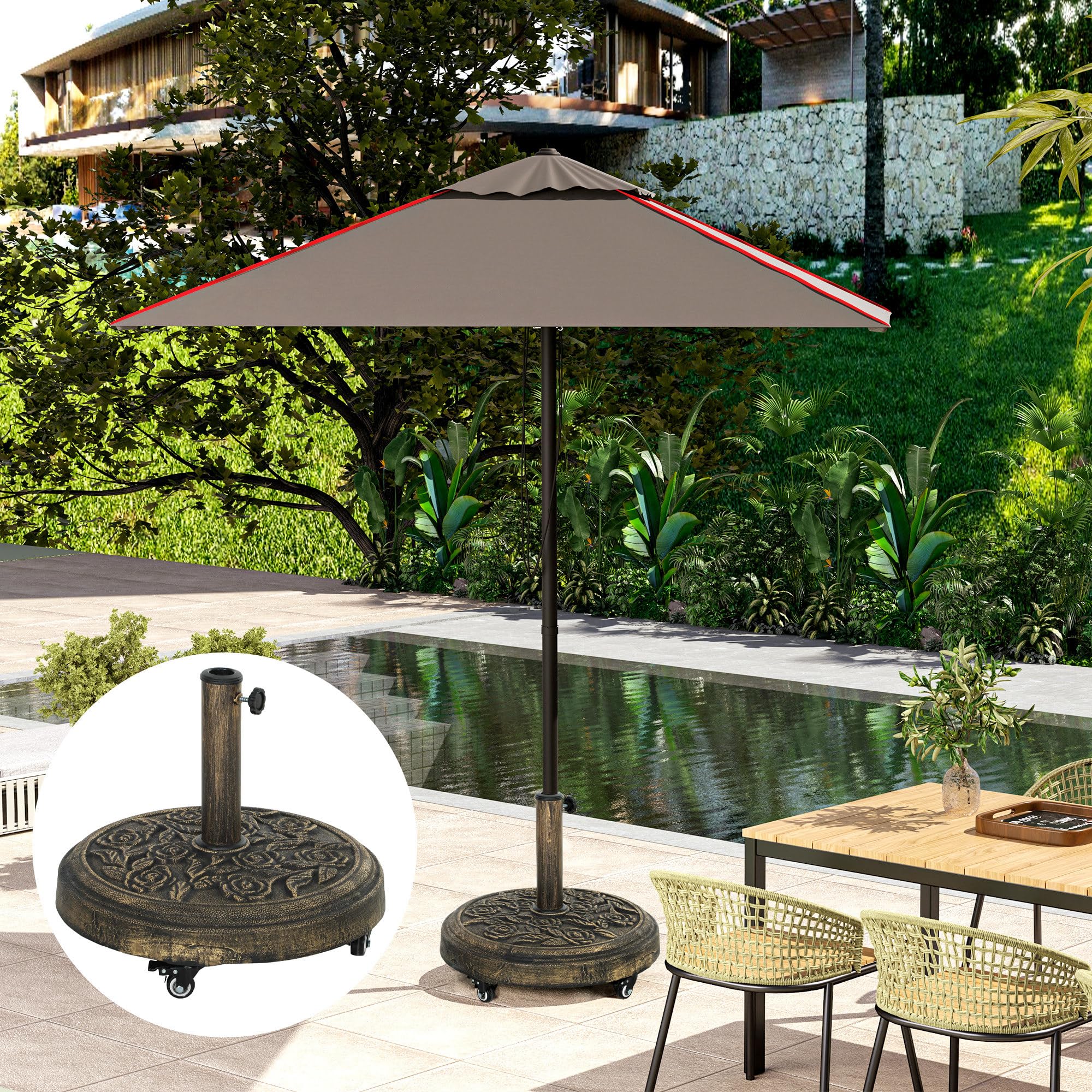 Outsunny Base per Ombrellone Rotonda da Esterno 21 kg con Ruote Bronzo | Basamento in Resina, Supporto per Ombrelloni da 32mm/38mm/48mm, per Giardino, Terrazza, Piscina